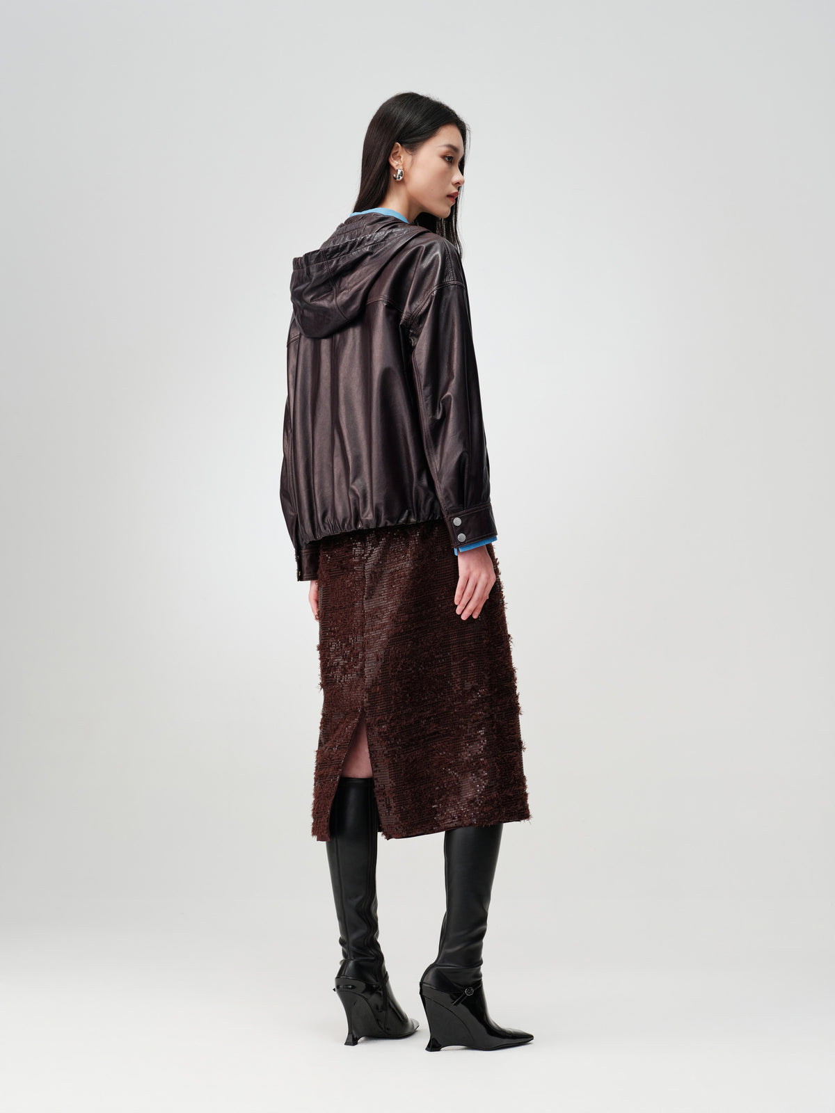 EP YAYING Glossy Sheepskin Hooded Jacket