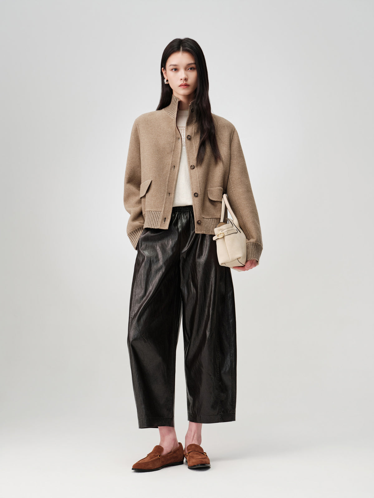 EP YAYING Wool &amp; Cashmere Blend Stand-Collar Knit Coat
