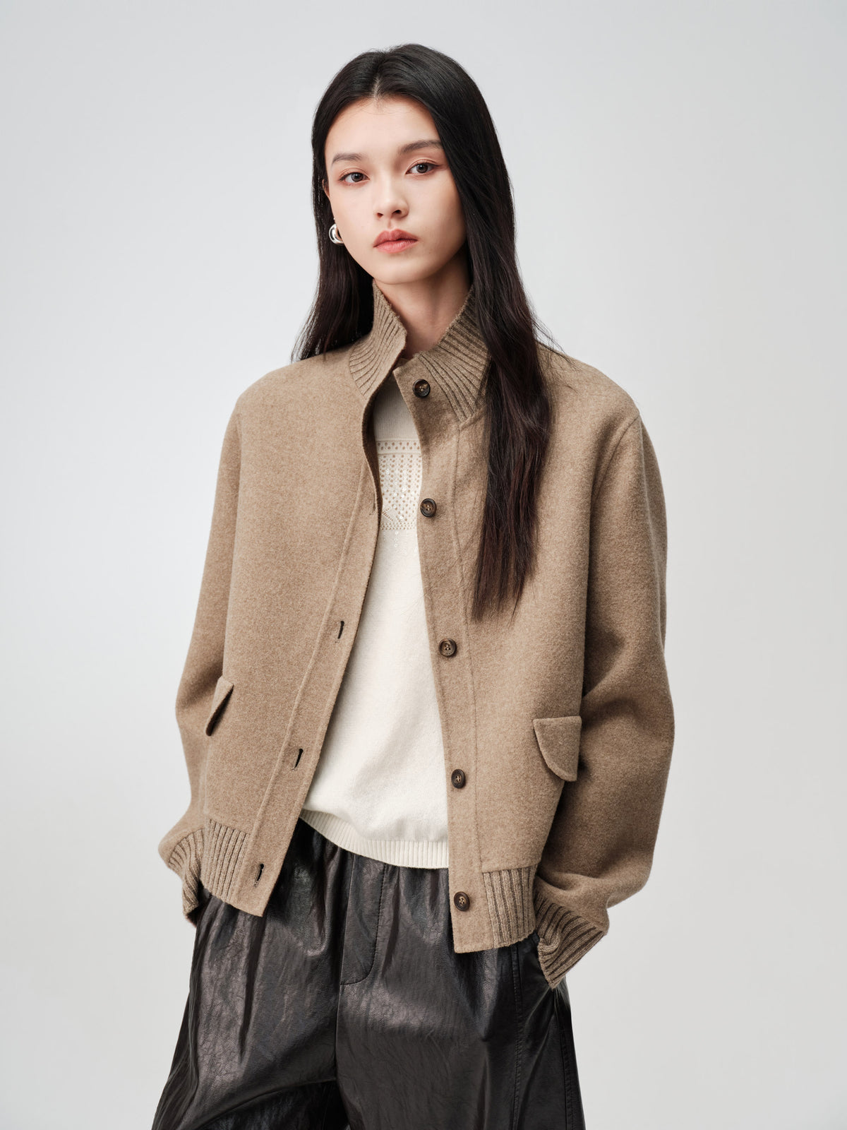 EP YAYING Wool &amp; Cashmere Blend Stand-Collar Knit Coat