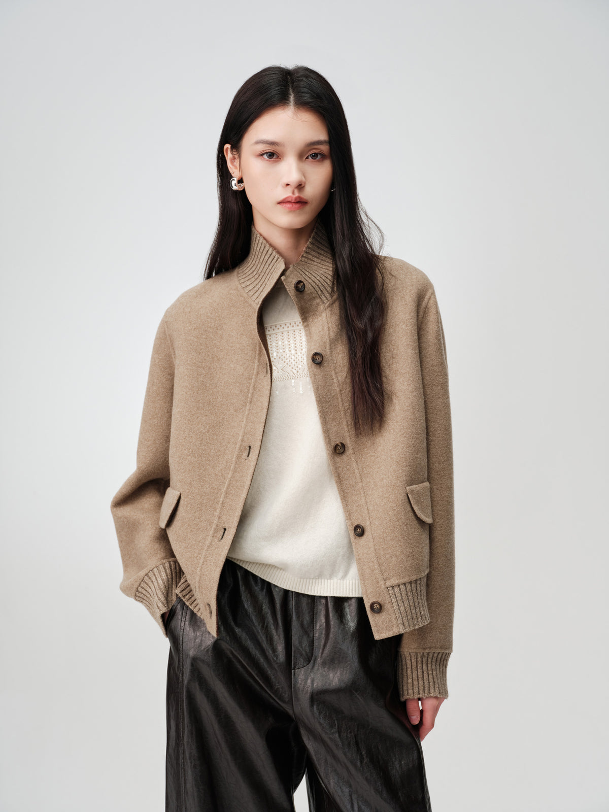 EP YAYING Wool &amp; Cashmere Blend Stand-Collar Knit Coat