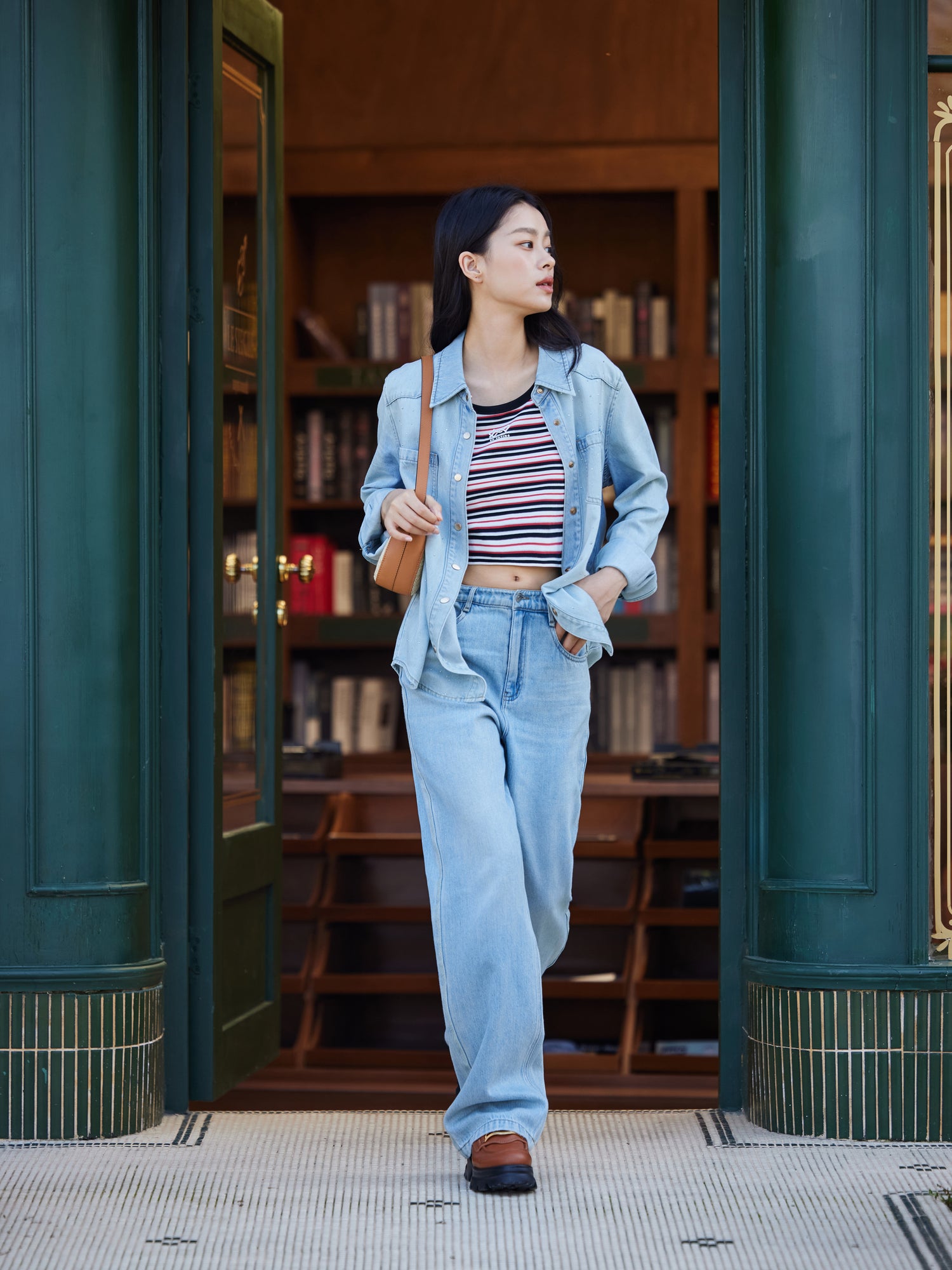 EP YAYING Rhinestone Embellished Denim Shirt