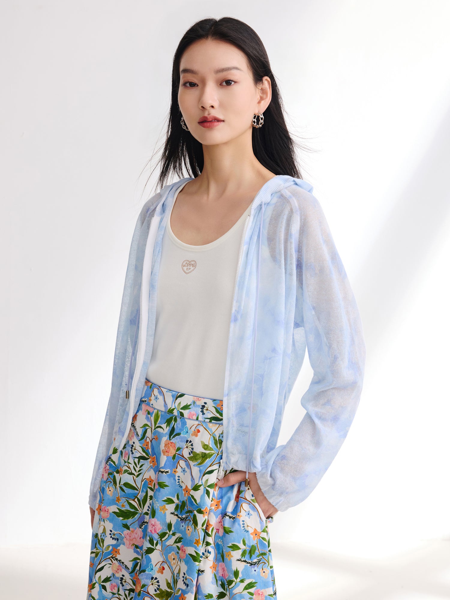 EP YAYING Linen Hooded Knit Cardigan