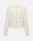 EP YAYING Tweed-Style White Plaid Collarless Jacket