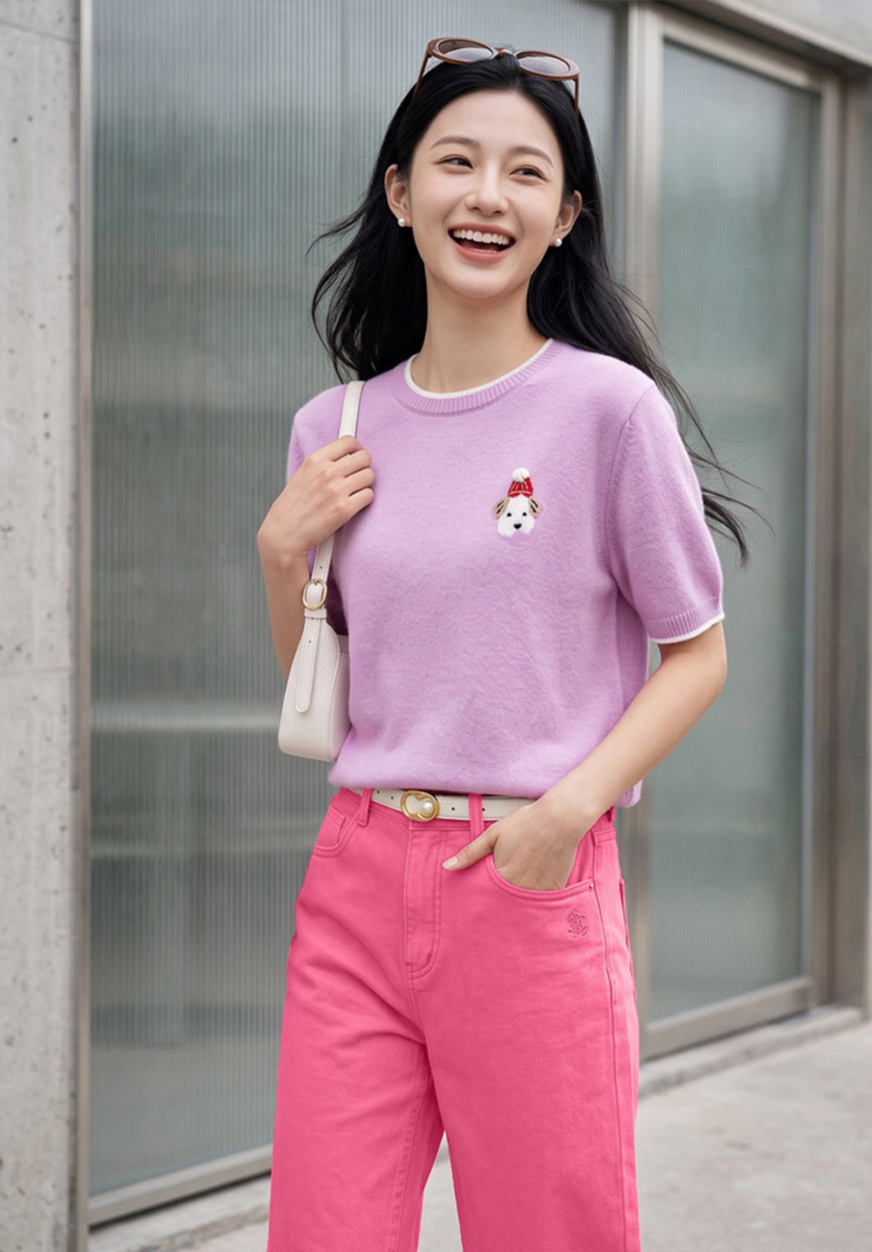 EP YAYING Wool Cashmere Puppy Jacquard Faux Two-Piece Knit Top EGLAG9592A