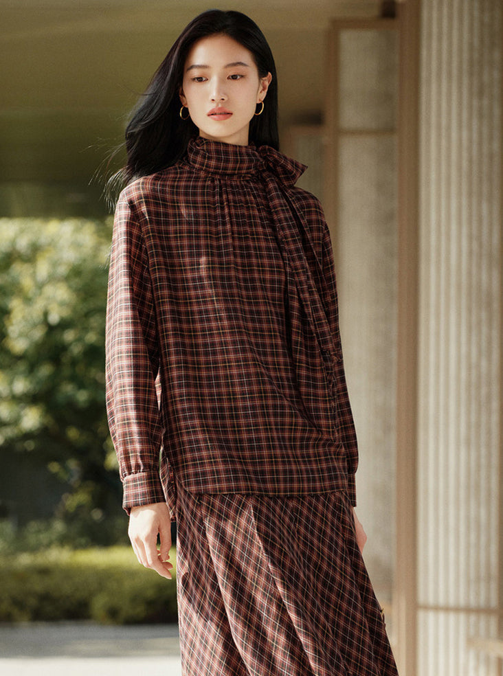 YAYING Plaid Wrap Bow-Collar Top EPLAW2309A