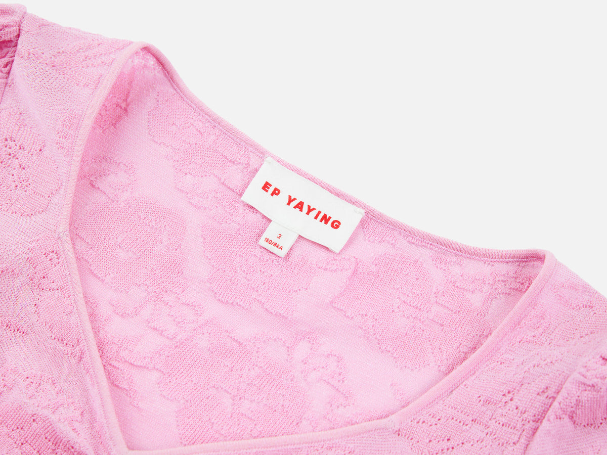 EP YAYING Textured Openwork Jacquard Drawstring Waist Pink Knit Top