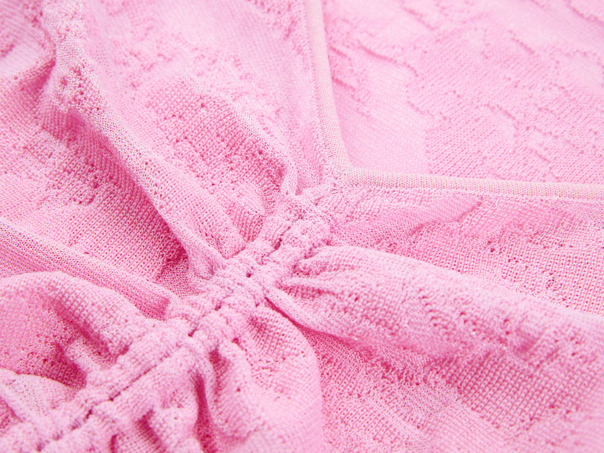 EP YAYING Textured Openwork Jacquard Drawstring Waist Pink Knit Top