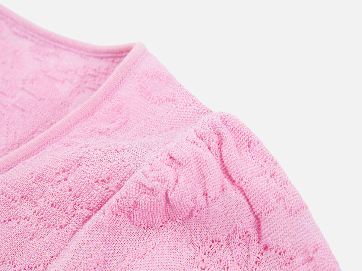 EP YAYING Textured Openwork Jacquard Drawstring Waist Pink Knit Top