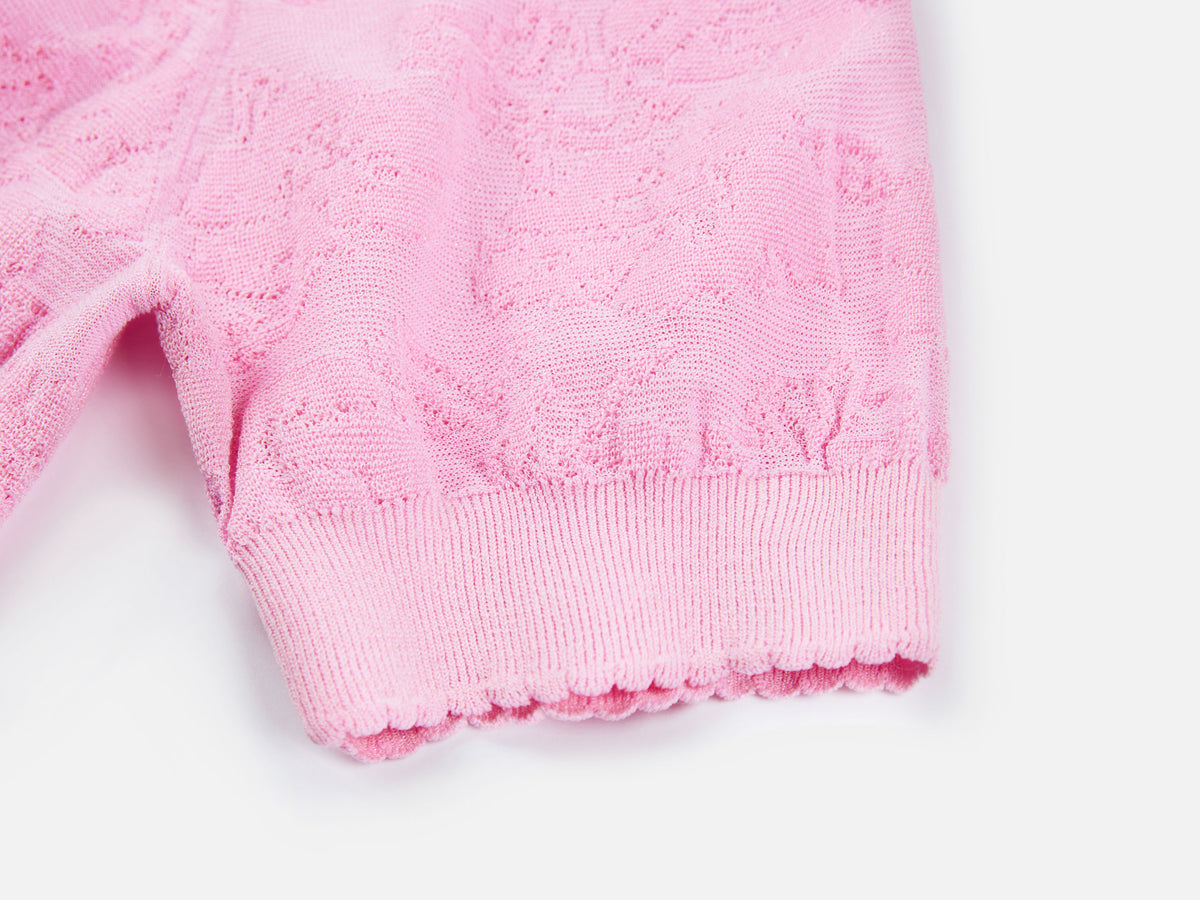 EP YAYING Textured Openwork Jacquard Drawstring Waist Pink Knit Top