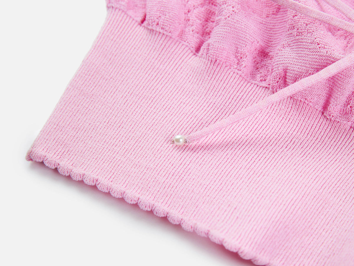 EP YAYING Textured Openwork Jacquard Drawstring Waist Pink Knit Top