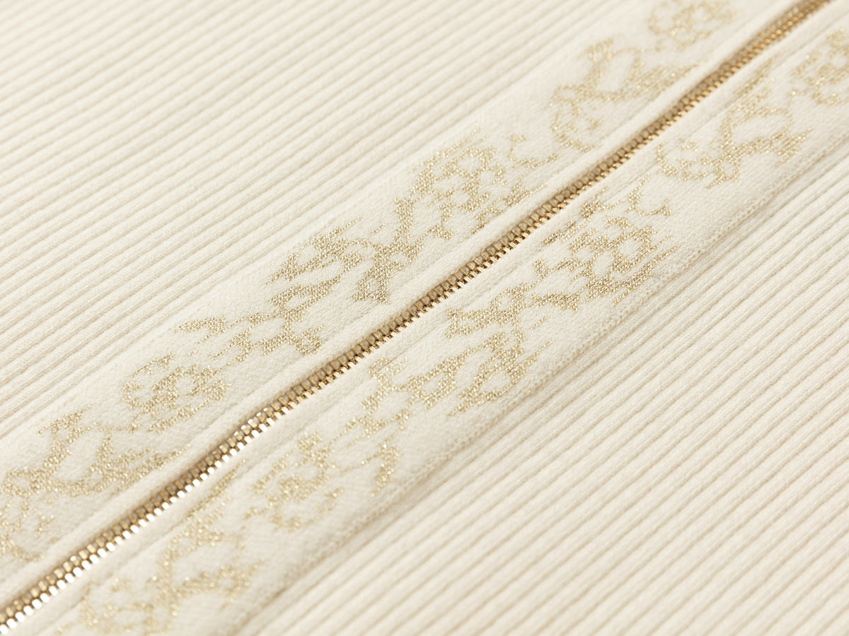 EP YAYING Off-White Jacquard Embroidered Stand-Collar Zip Cardigan