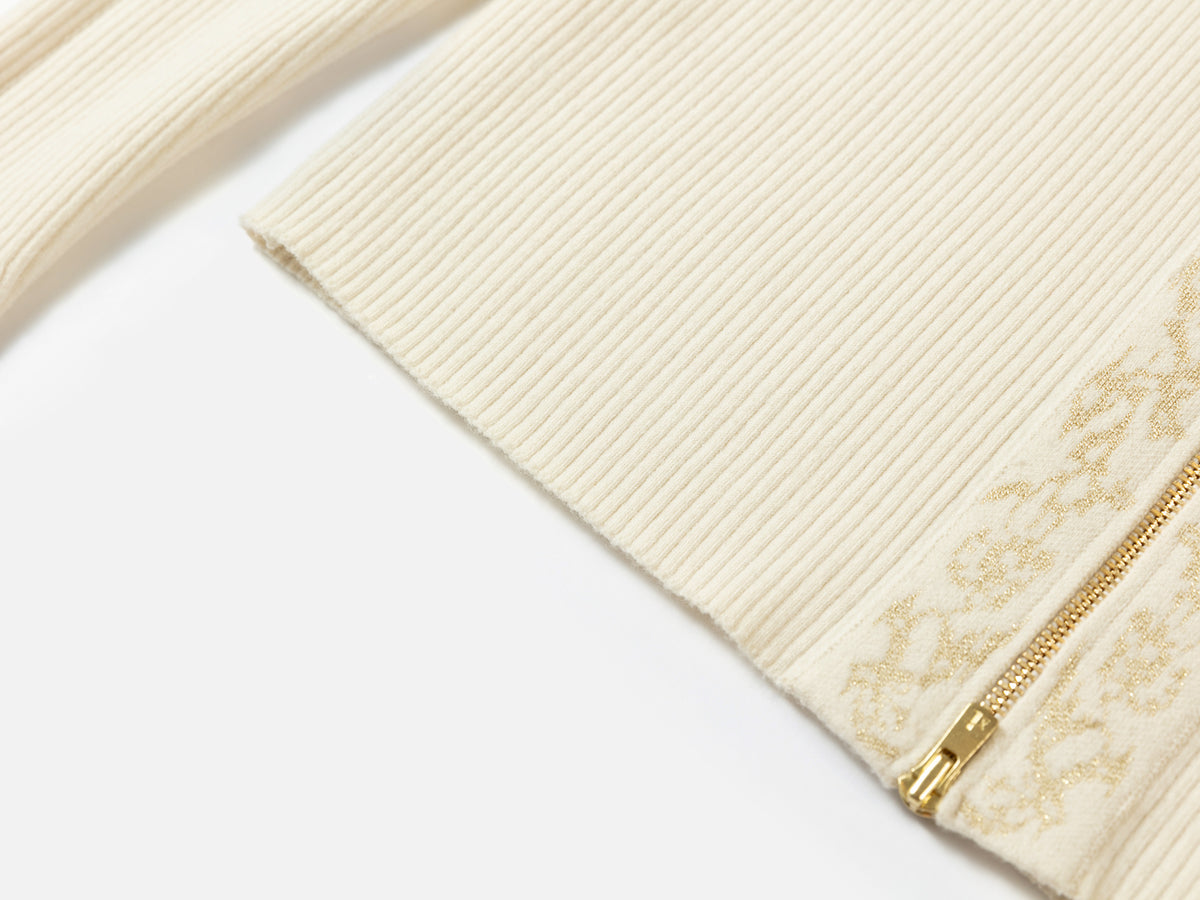 EP YAYING Off-White Jacquard Embroidered Stand-Collar Zip Cardigan