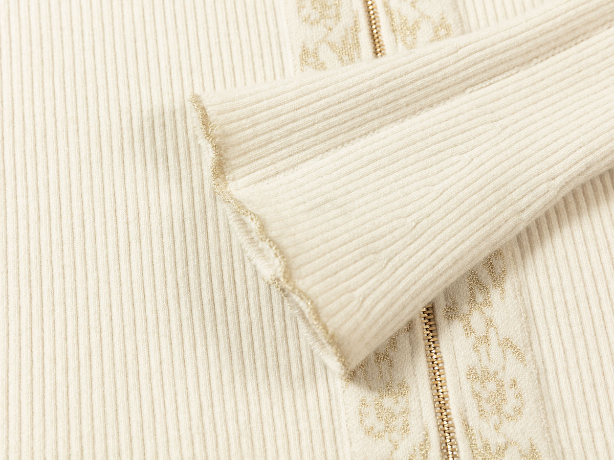 EP YAYING Off-White Jacquard Embroidered Stand-Collar Zip Cardigan