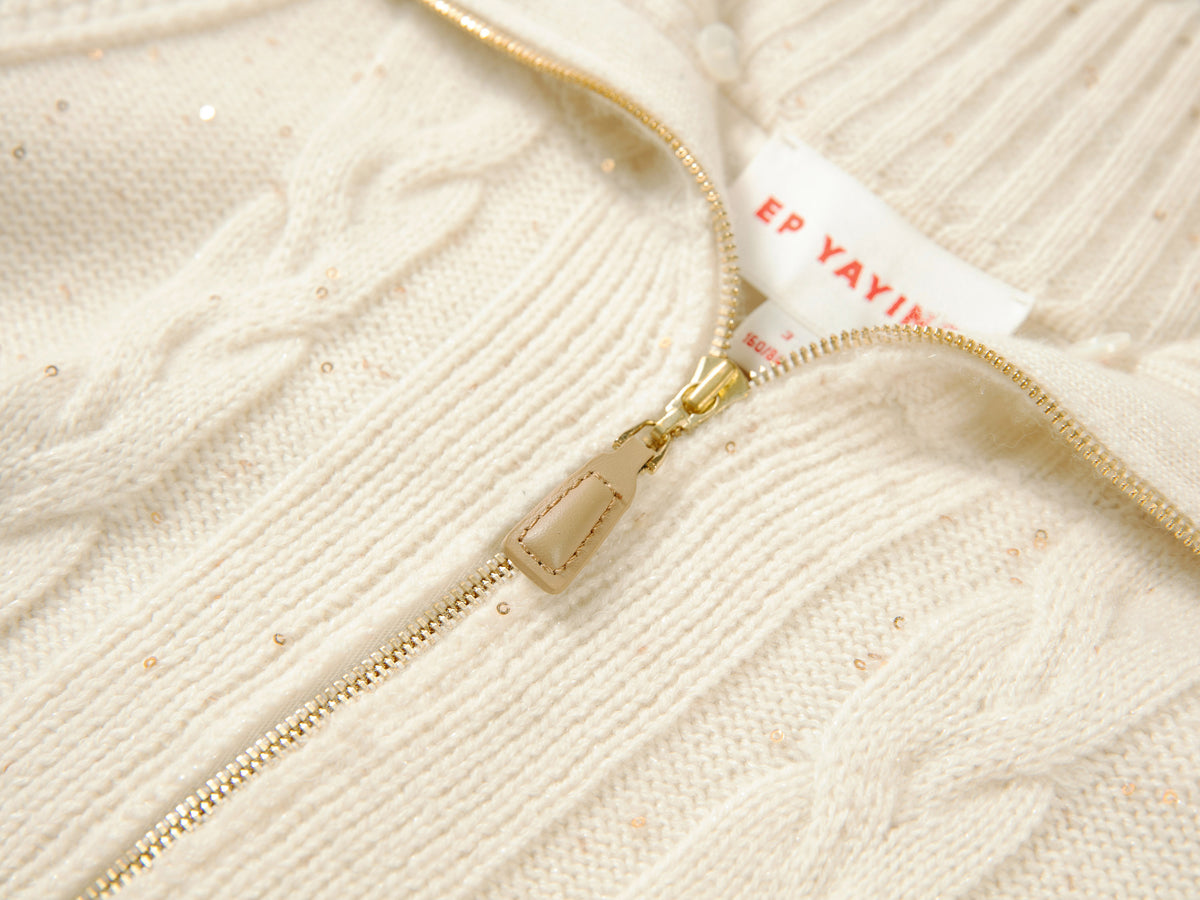 EP YAYING Cashmere Cable-Knit Fur-Collar Oversized Cardigan
