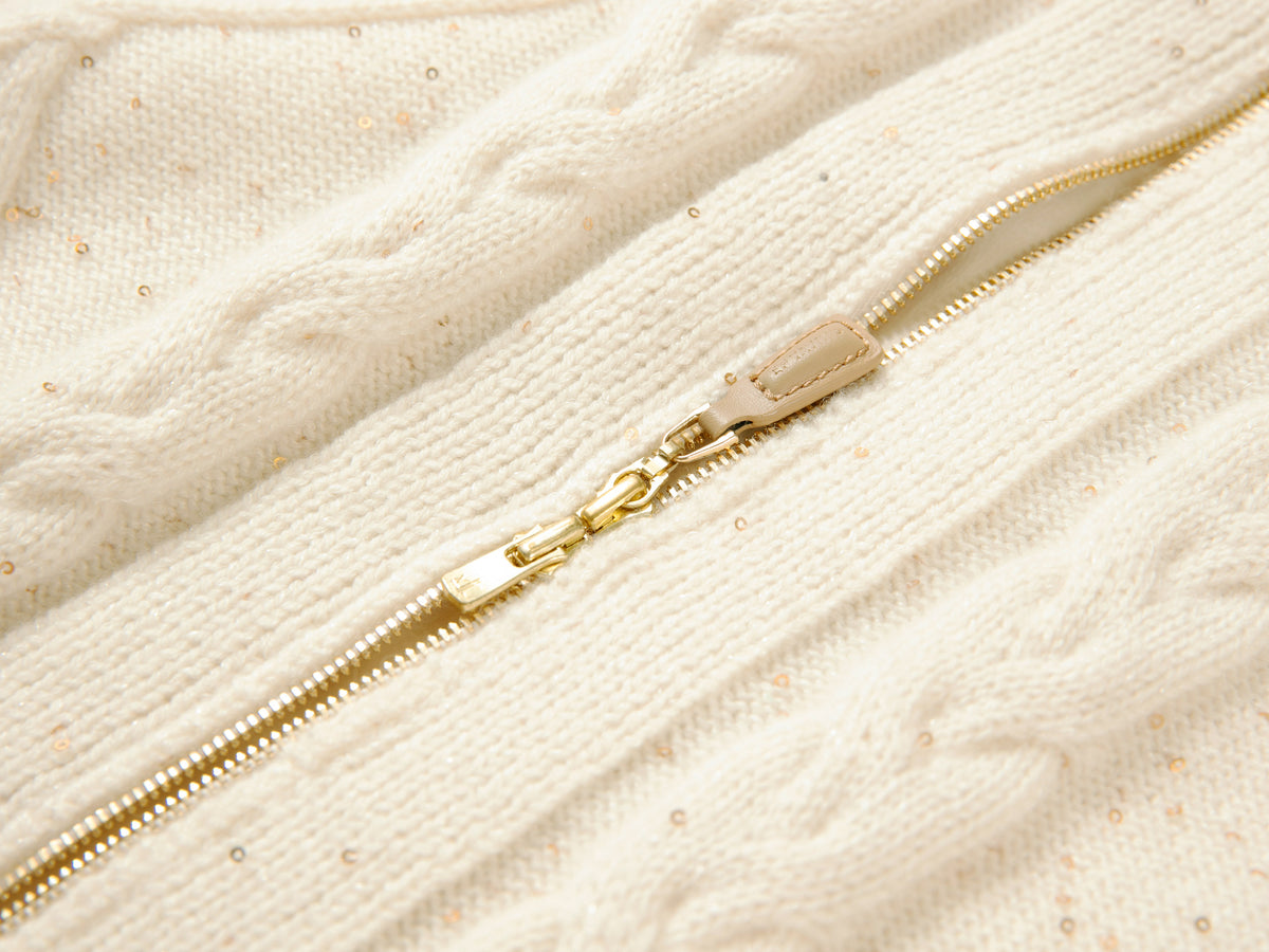 EP YAYING Cashmere Cable-Knit Fur-Collar Oversized Cardigan