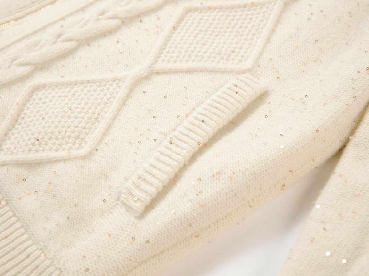 EP YAYING Cashmere Cable-Knit Fur-Collar Oversized Cardigan