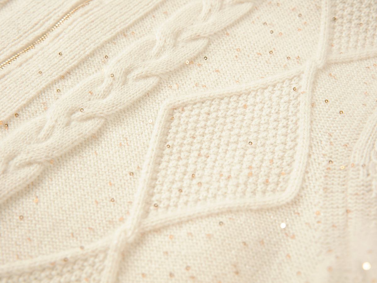 EP YAYING Cashmere Cable-Knit Fur-Collar Oversized Cardigan