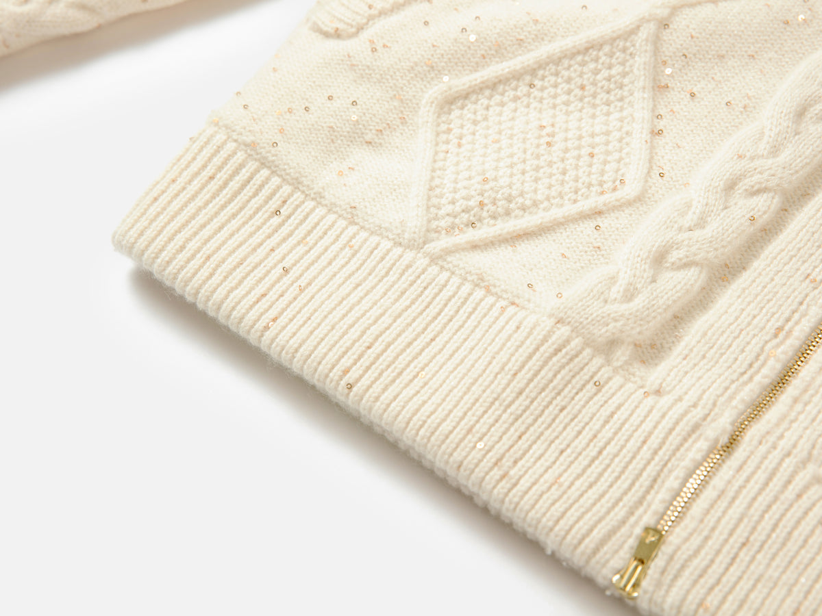 EP YAYING Cashmere Cable-Knit Fur-Collar Oversized Cardigan