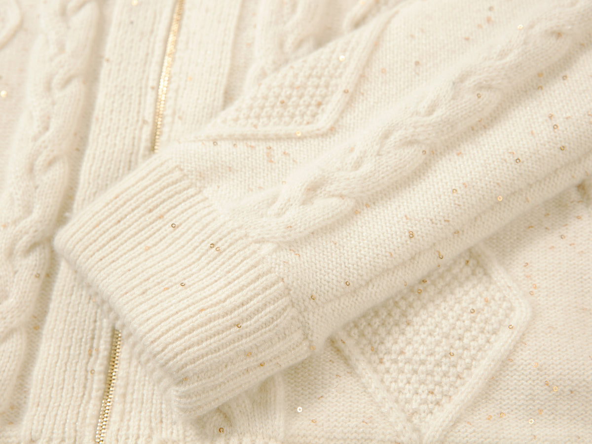 EP YAYING Cashmere Cable-Knit Fur-Collar Oversized Cardigan