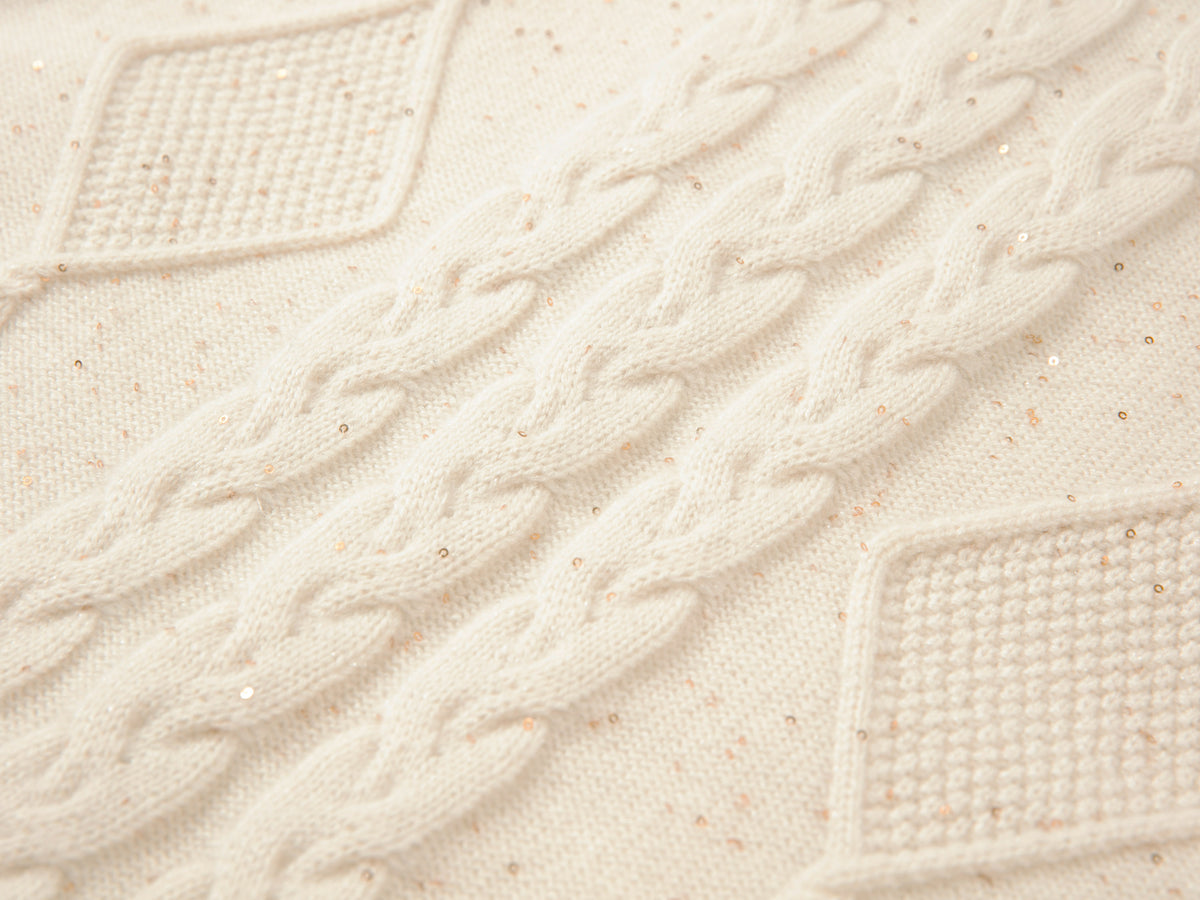 EP YAYING Cashmere Cable-Knit Fur-Collar Oversized Cardigan
