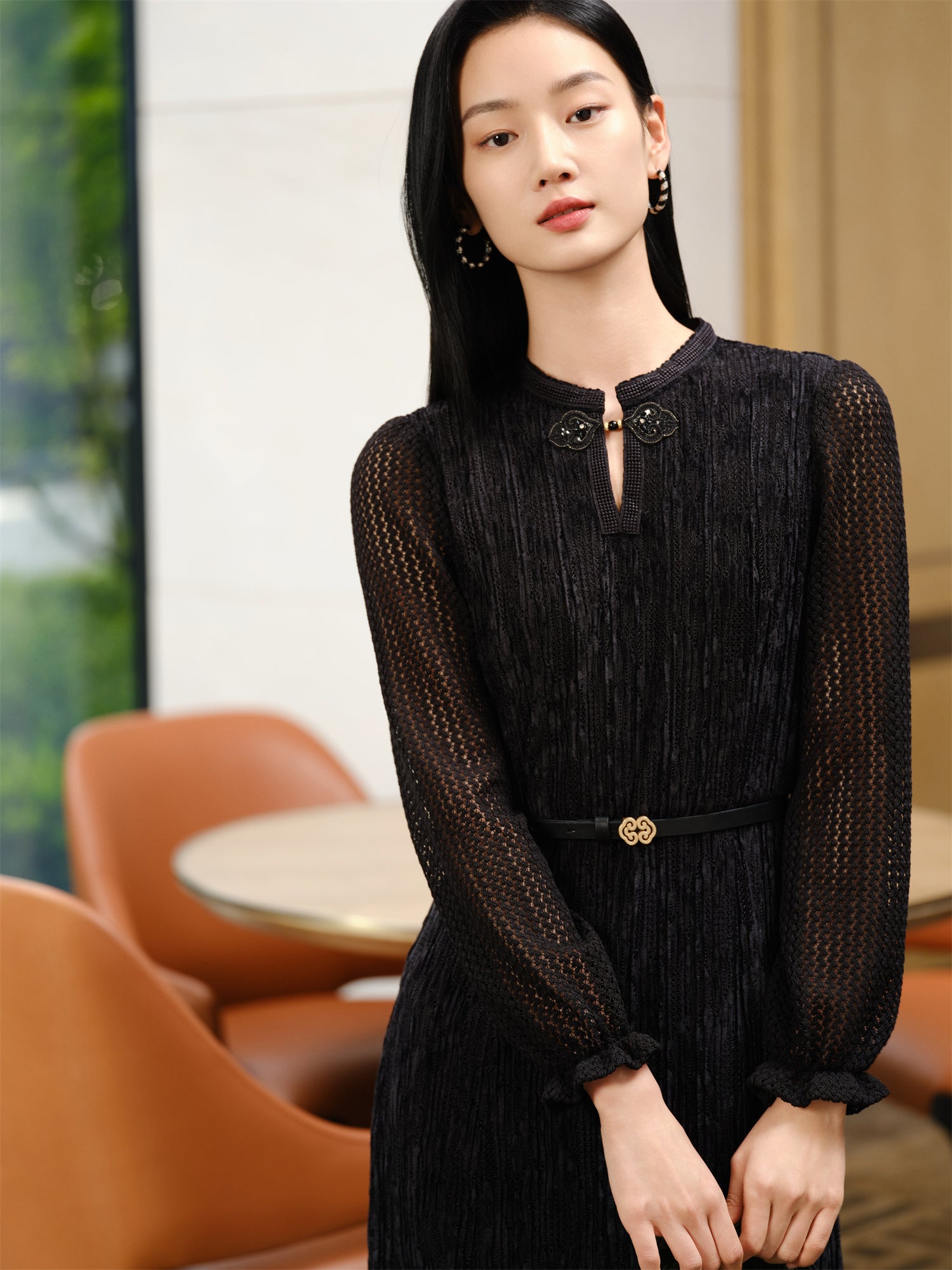 YAYING Chinese Style Pleated Little Black Dress