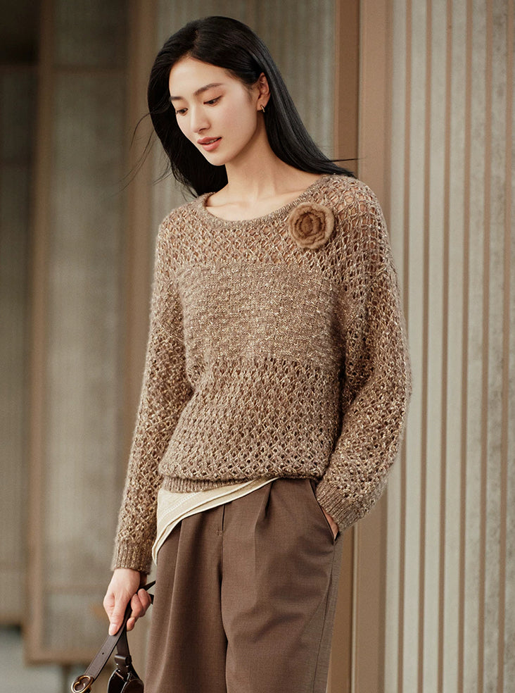 YAYING Silk Cashmere Openwork Knit Cardigan EPLAG9524A