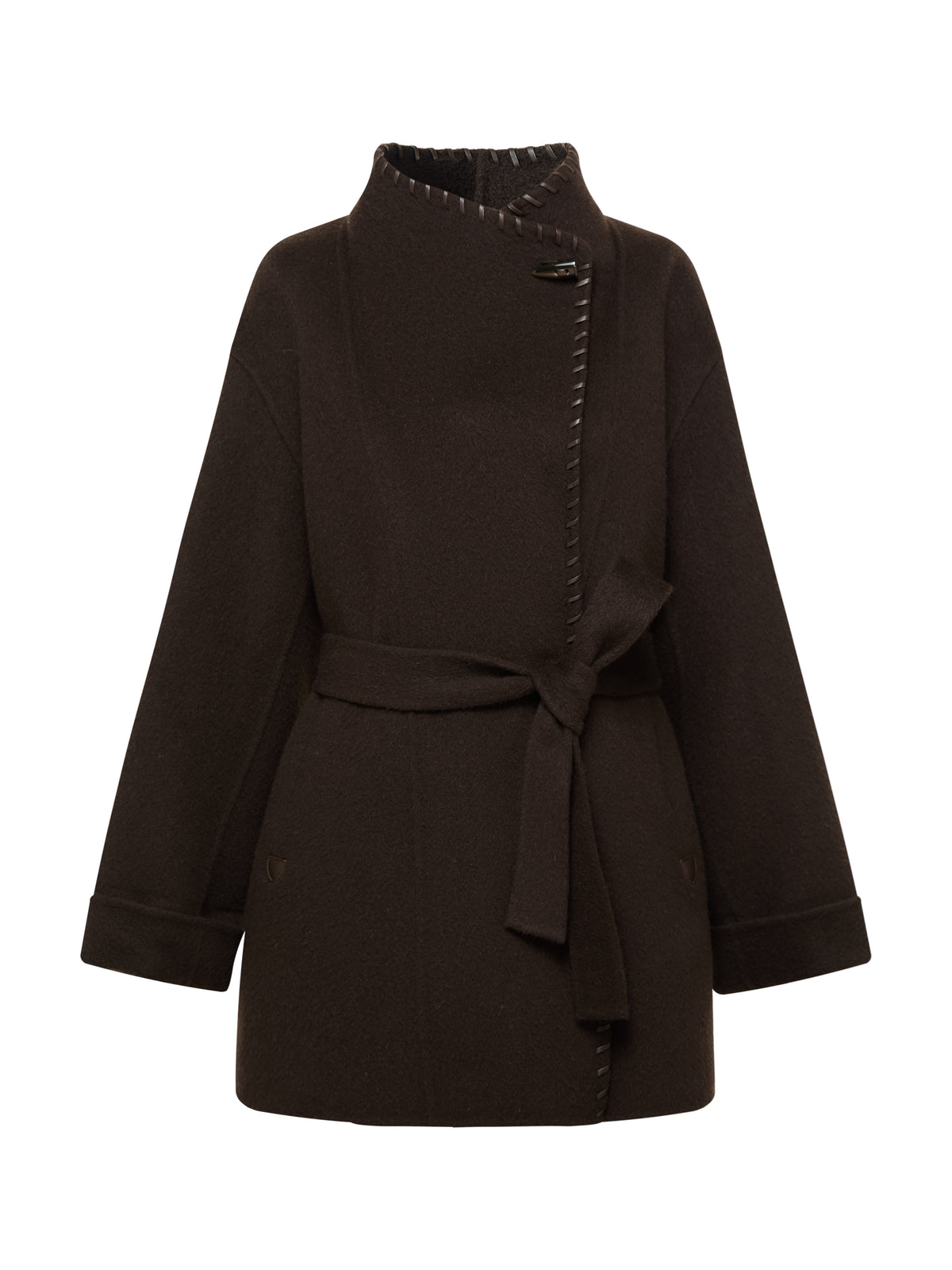 EP YAYING Silk-Wool Waisted Brown Tweed Mid-Length Coat