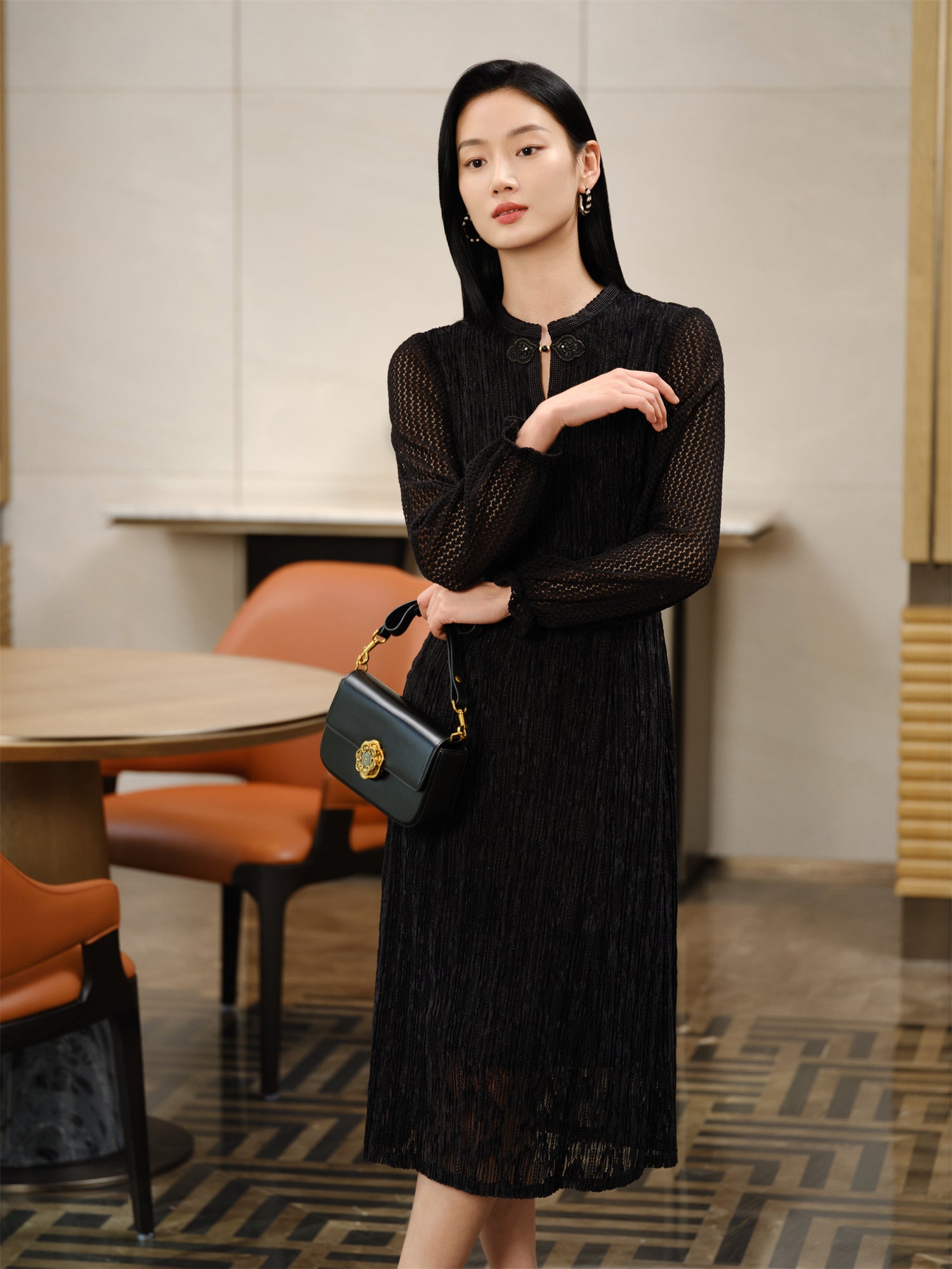YAYING Chinese Style Pleated Little Black Dress