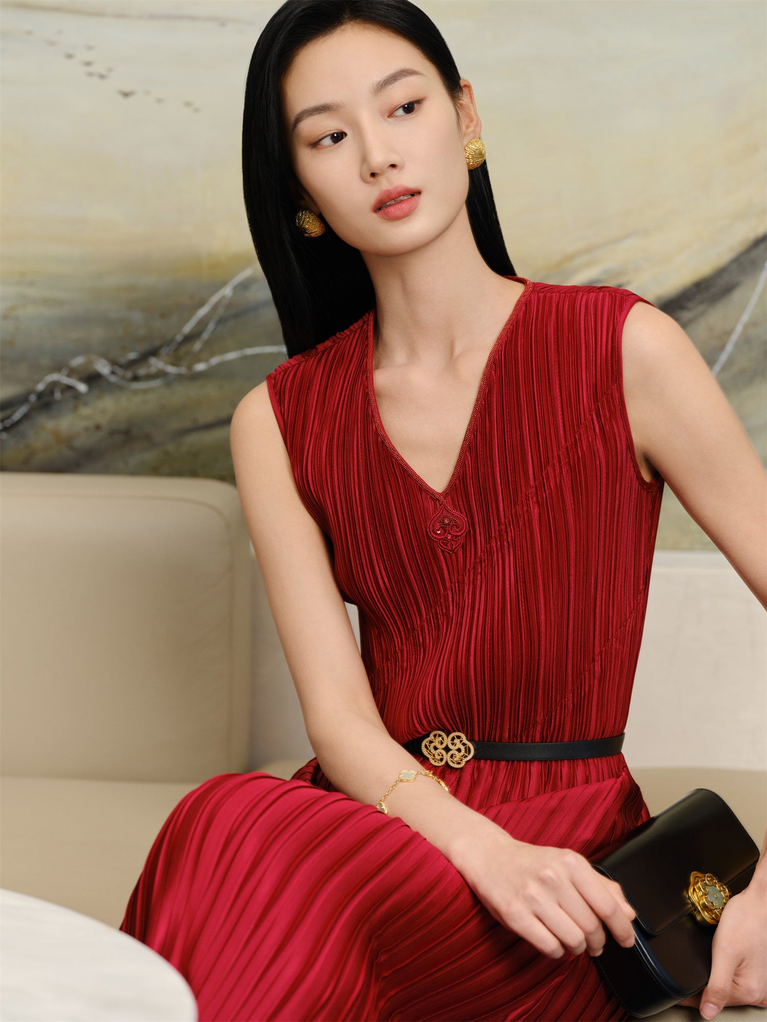 YAYING Pleated Waist-Cinched Dress