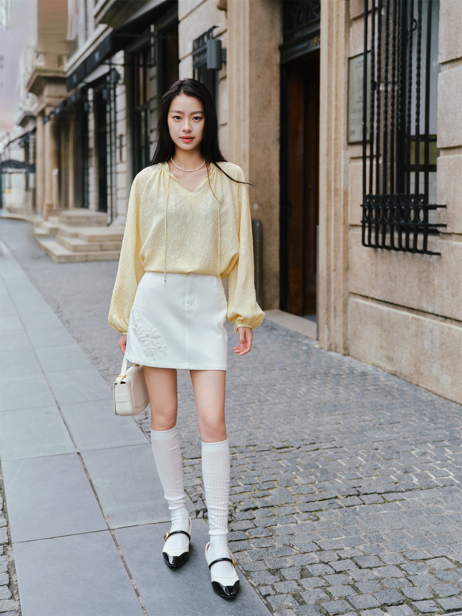 EP YAYING Lantern Sleeve Silk Shirt EGKES2311AY