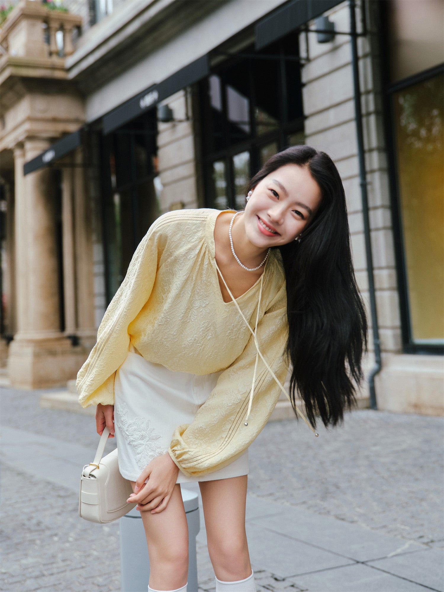 EP YAYING Lantern Sleeve Silk Shirt EGKES2311AY