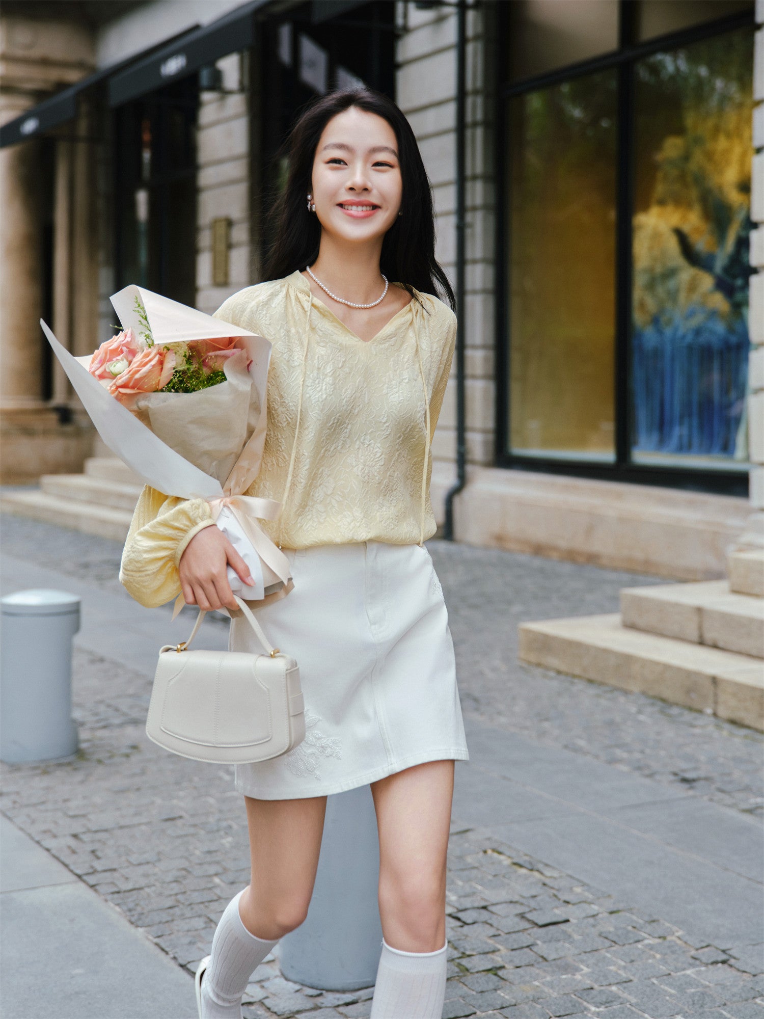 EP YAYING Lantern Sleeve Silk Shirt EGKES2311AY