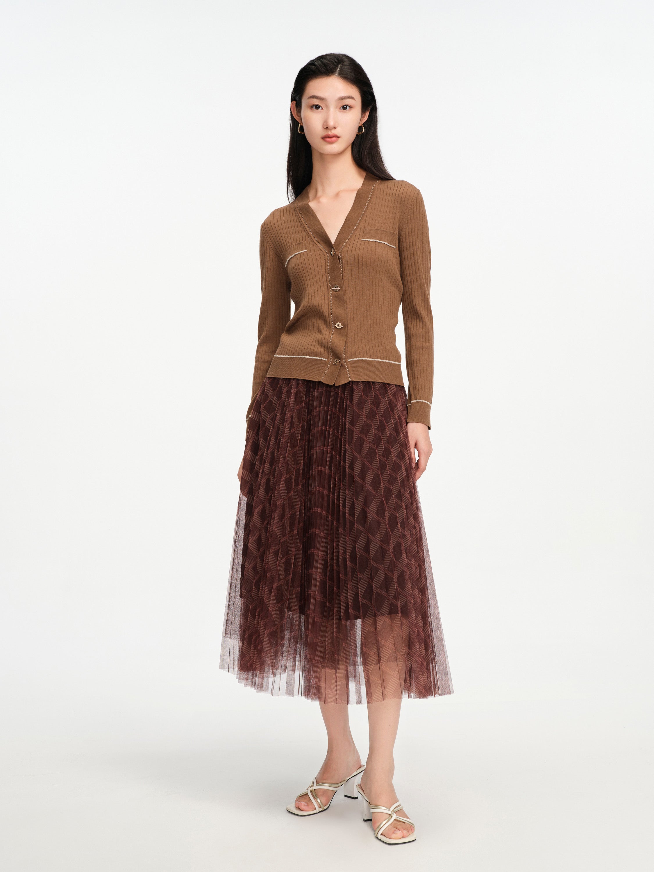EP YAYING Texture Brown Knit Cardigan