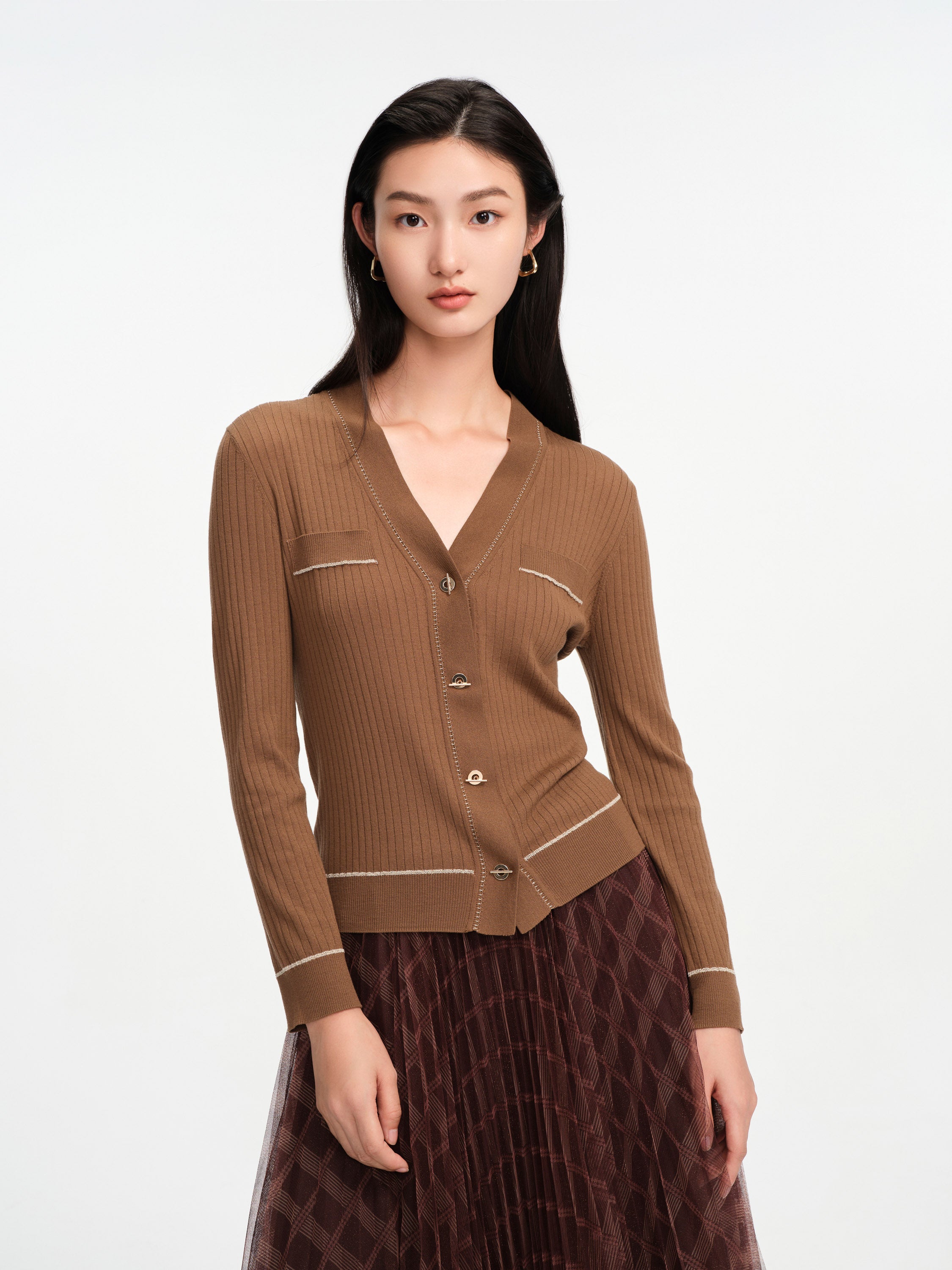 EP YAYING Texture Brown Knit Cardigan