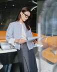 EP YAYING Cotton Blue striped cropped long-sleeve shirt EGKEC2103Az