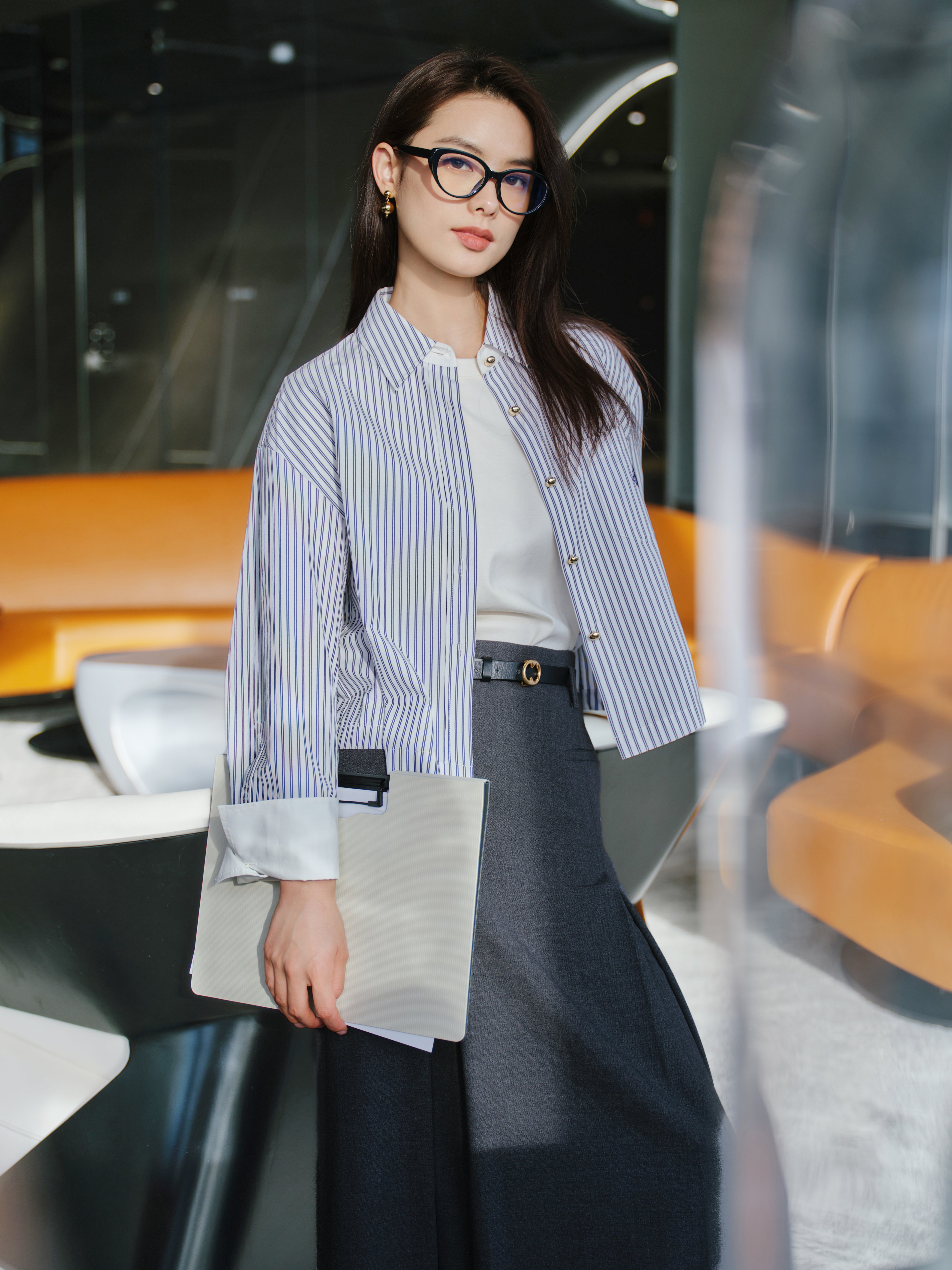 EP YAYING Cotton Blue striped cropped long-sleeve shirt EGKEC2103Az