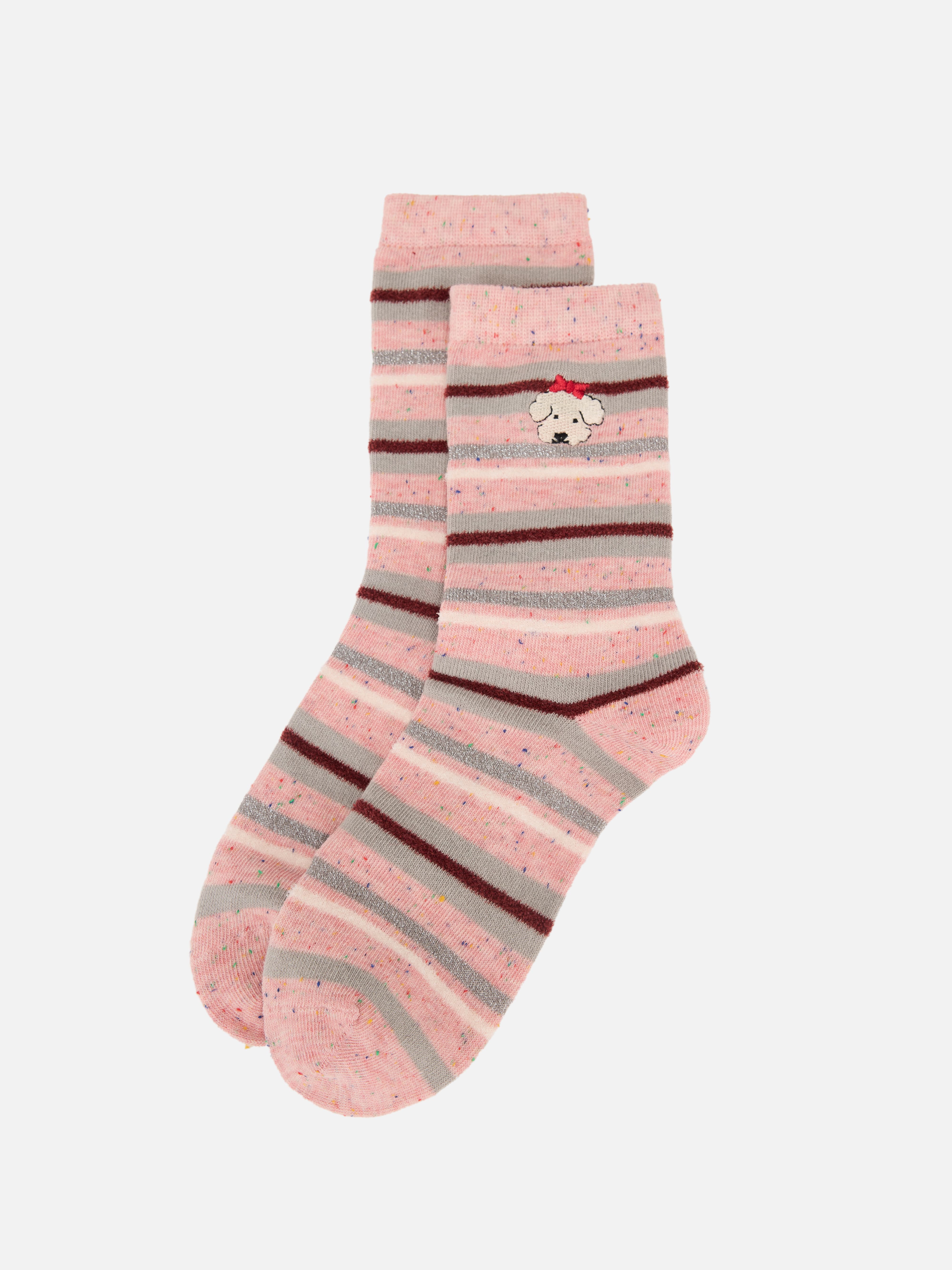 EP YAYING Days of the Week Puppy Embroidered Striped Mid-Calf Candy Socks