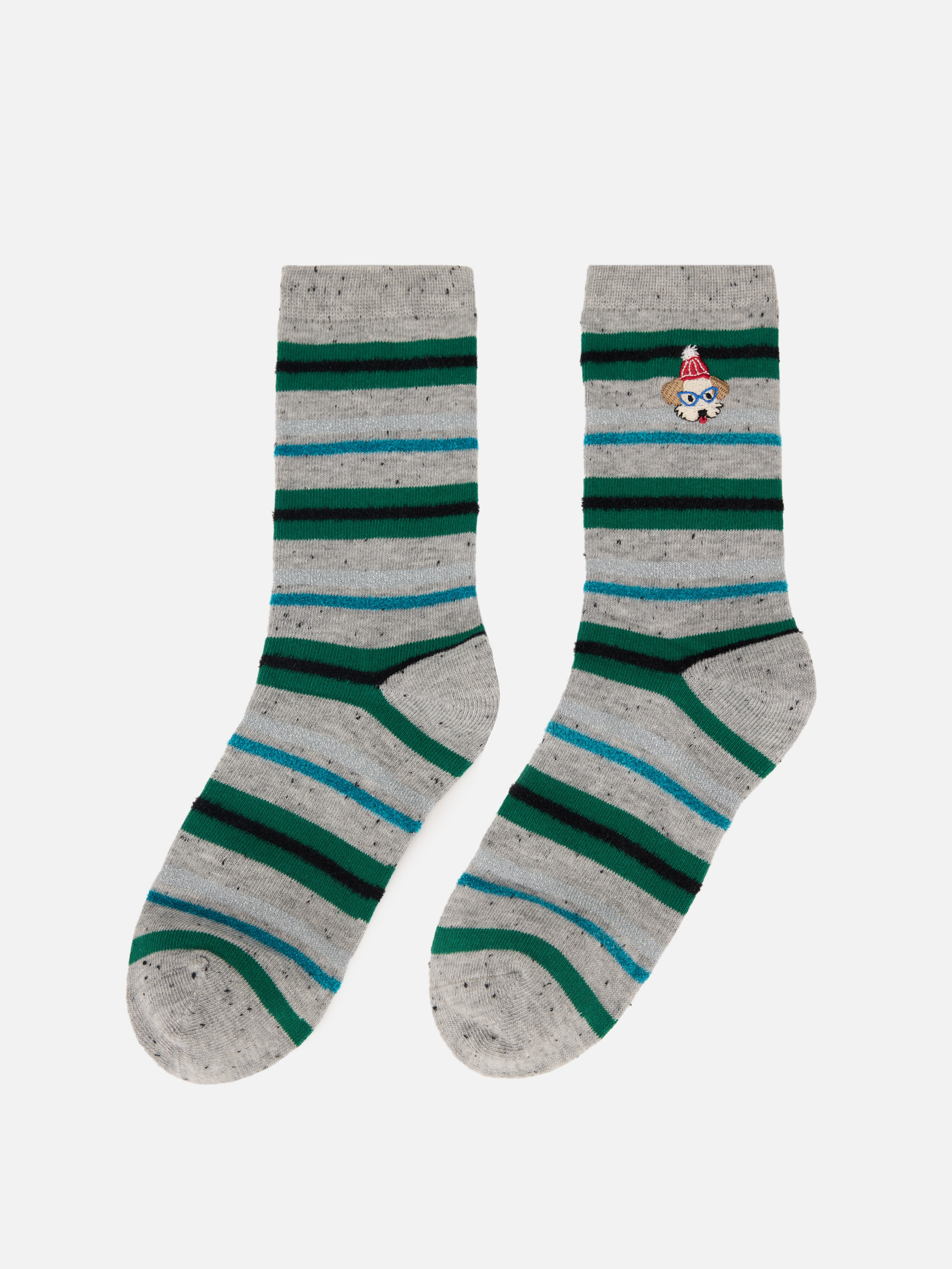EP YAYING Days of the Week Puppy Embroidered Striped Mid-Calf Candy Socks