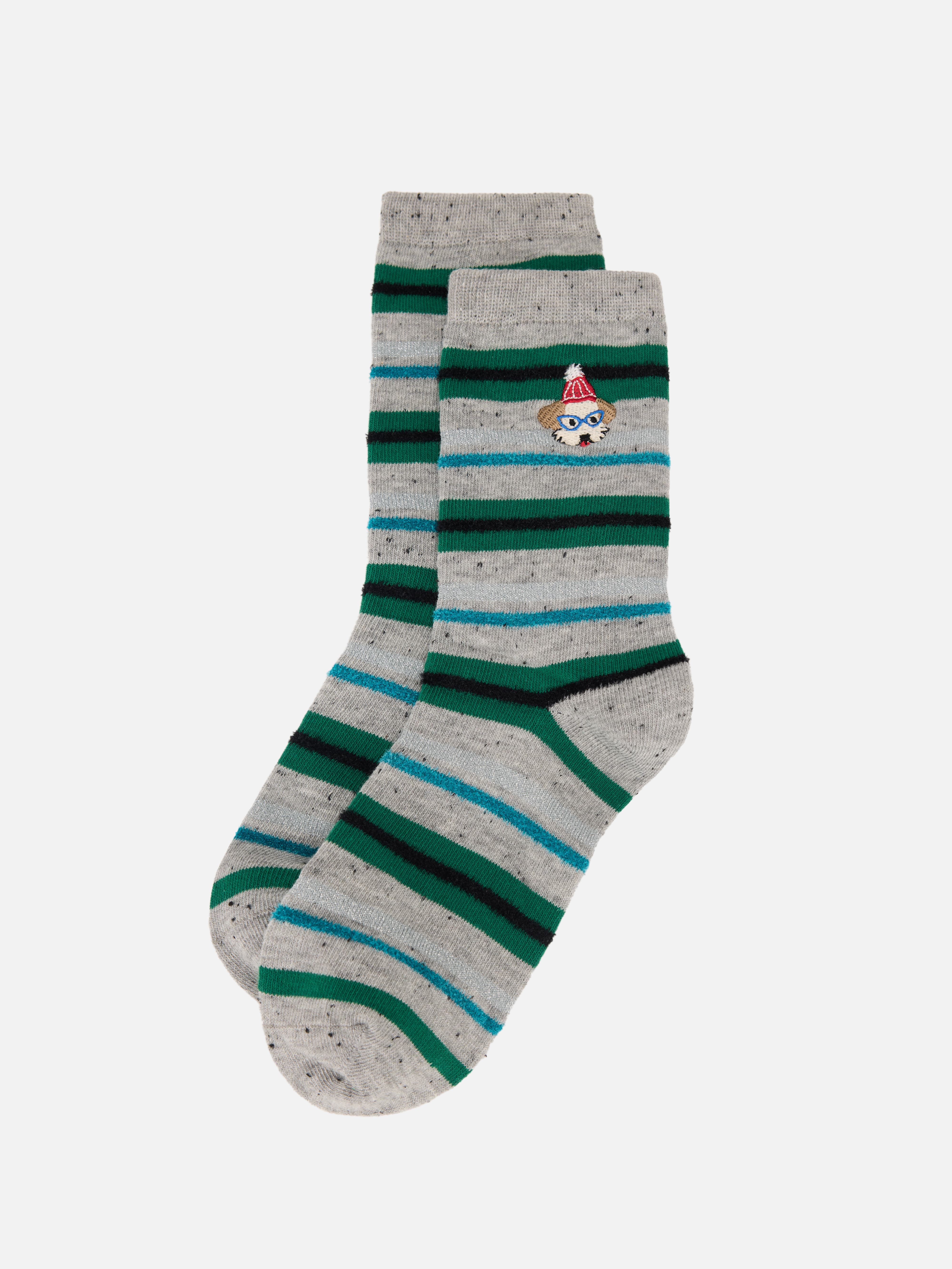 EP YAYING Days of the Week Puppy Embroidered Striped Mid-Calf Candy Socks