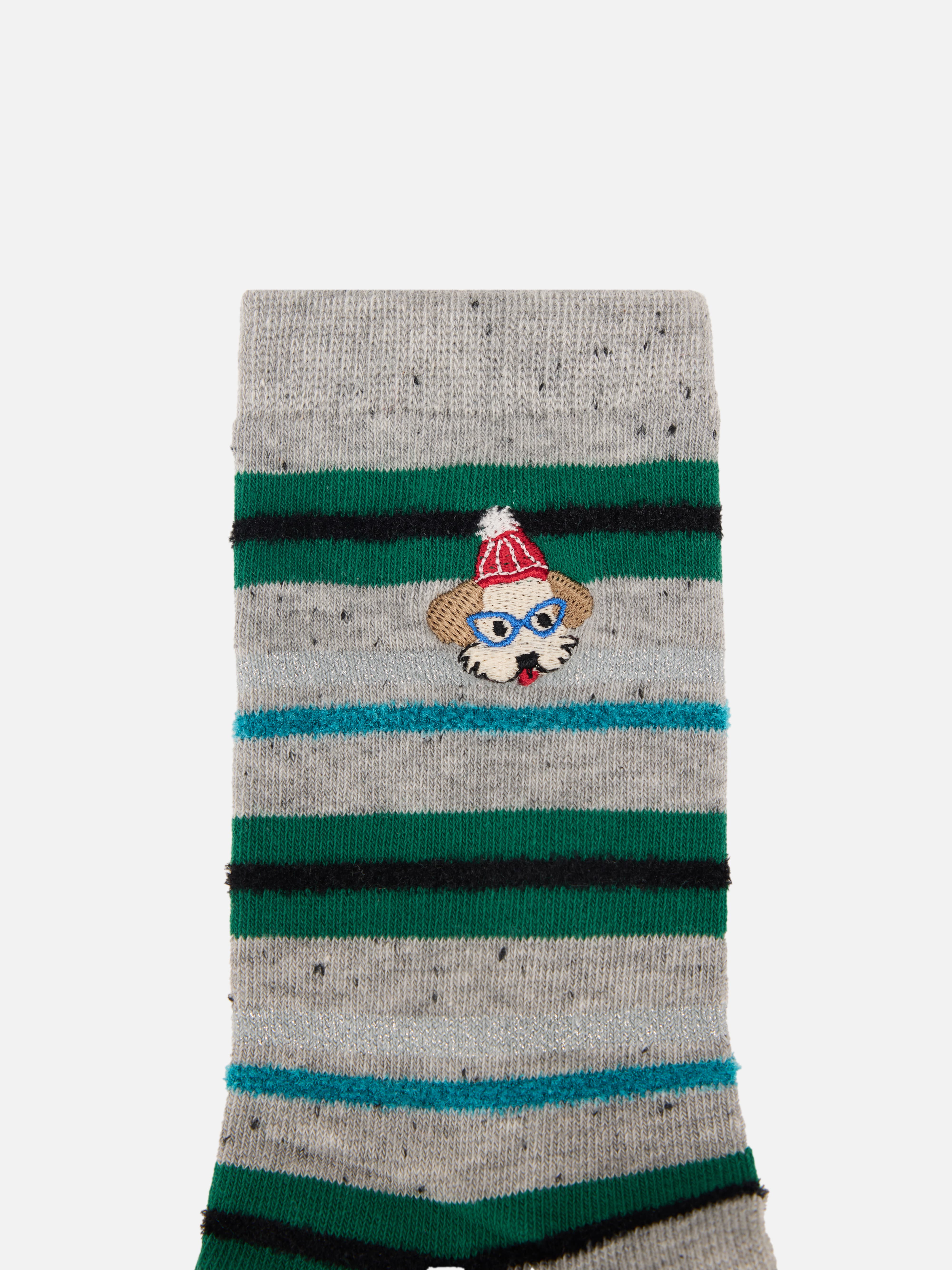EP YAYING Days of the Week Puppy Embroidered Striped Mid-Calf Candy Socks