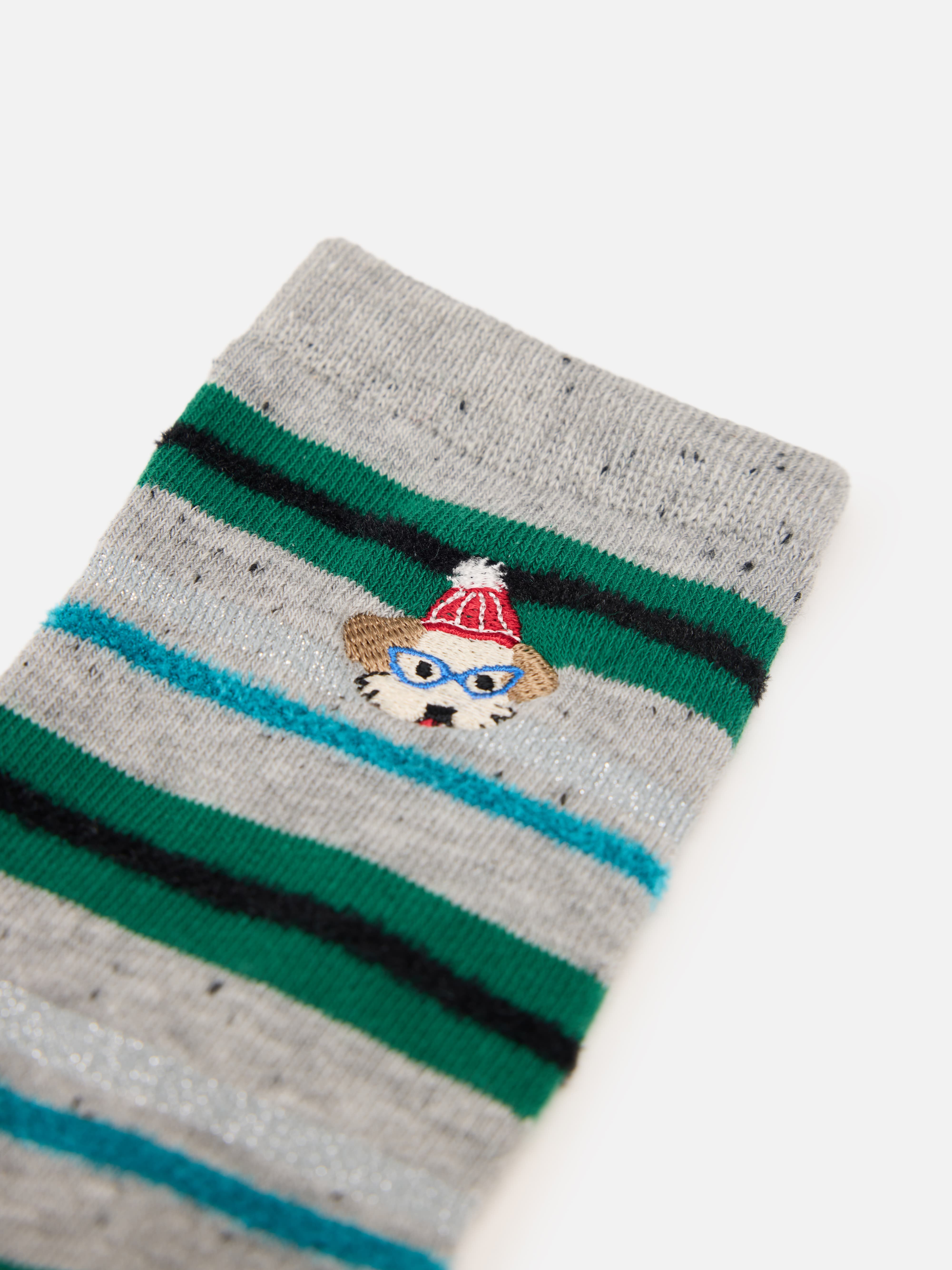 EP YAYING Days of the Week Puppy Embroidered Striped Mid-Calf Candy Socks