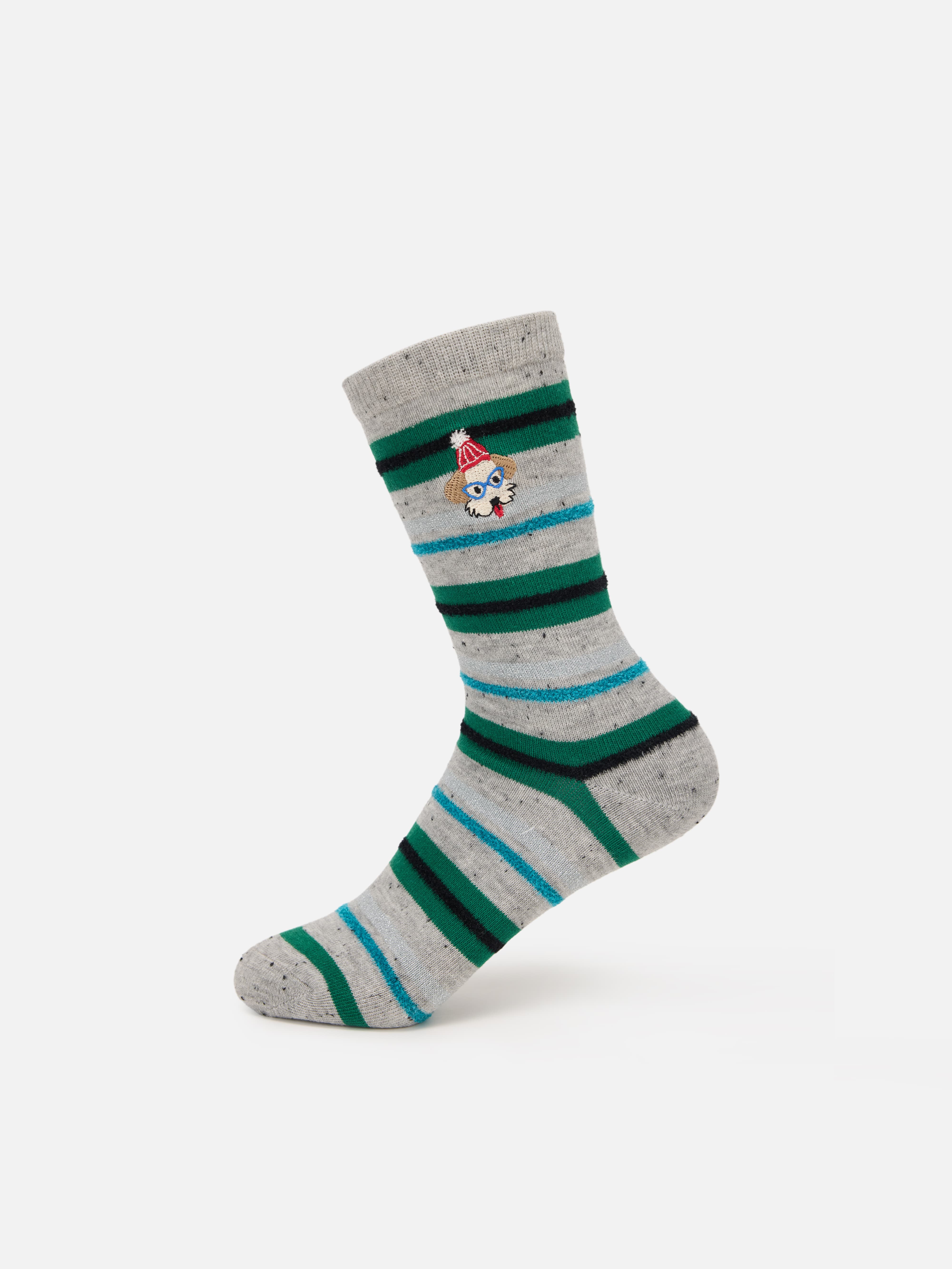 EP YAYING Days of the Week Puppy Embroidered Striped Mid-Calf Candy Socks