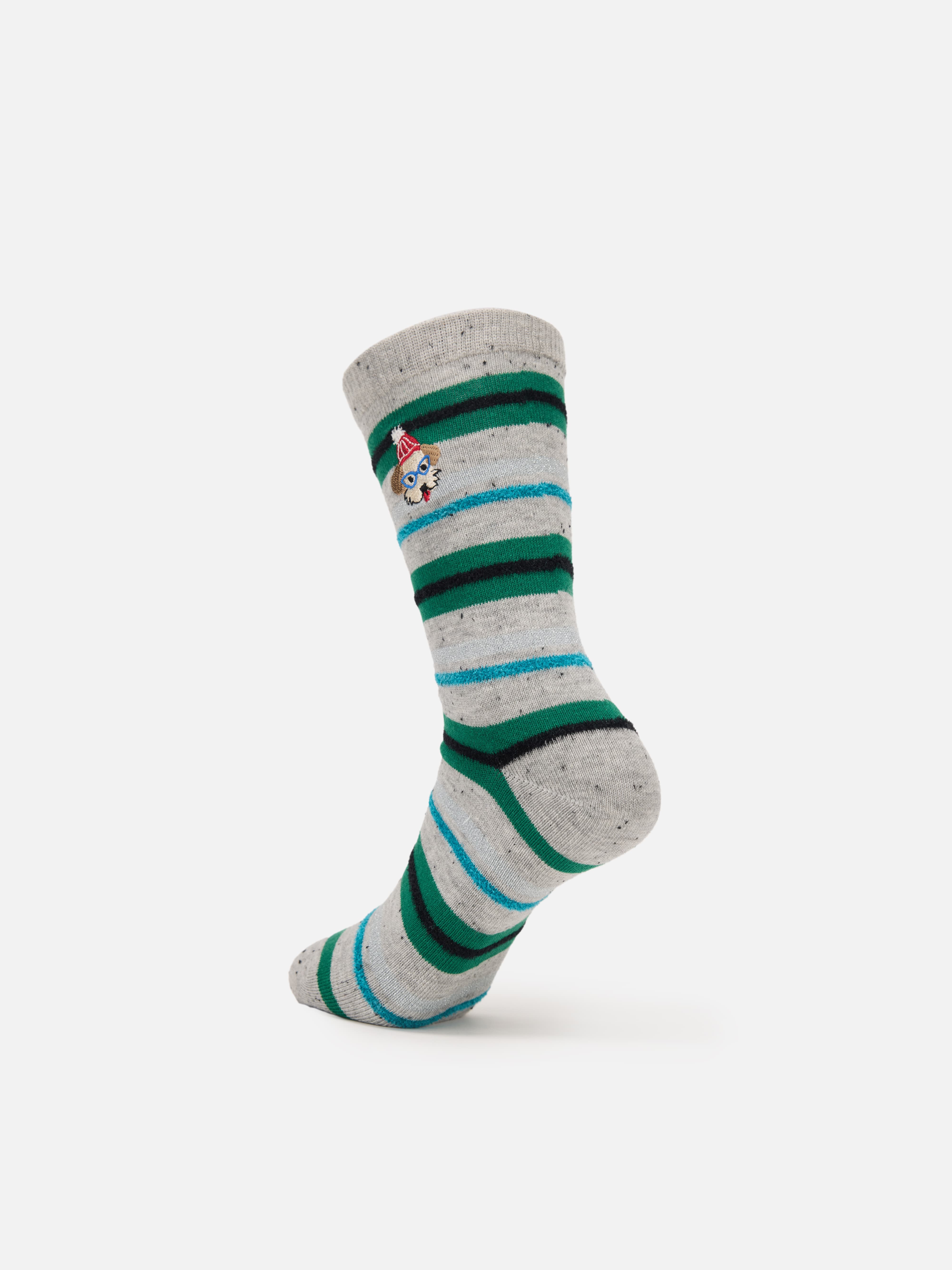 EP YAYING Days of the Week Puppy Embroidered Striped Mid-Calf Candy Socks