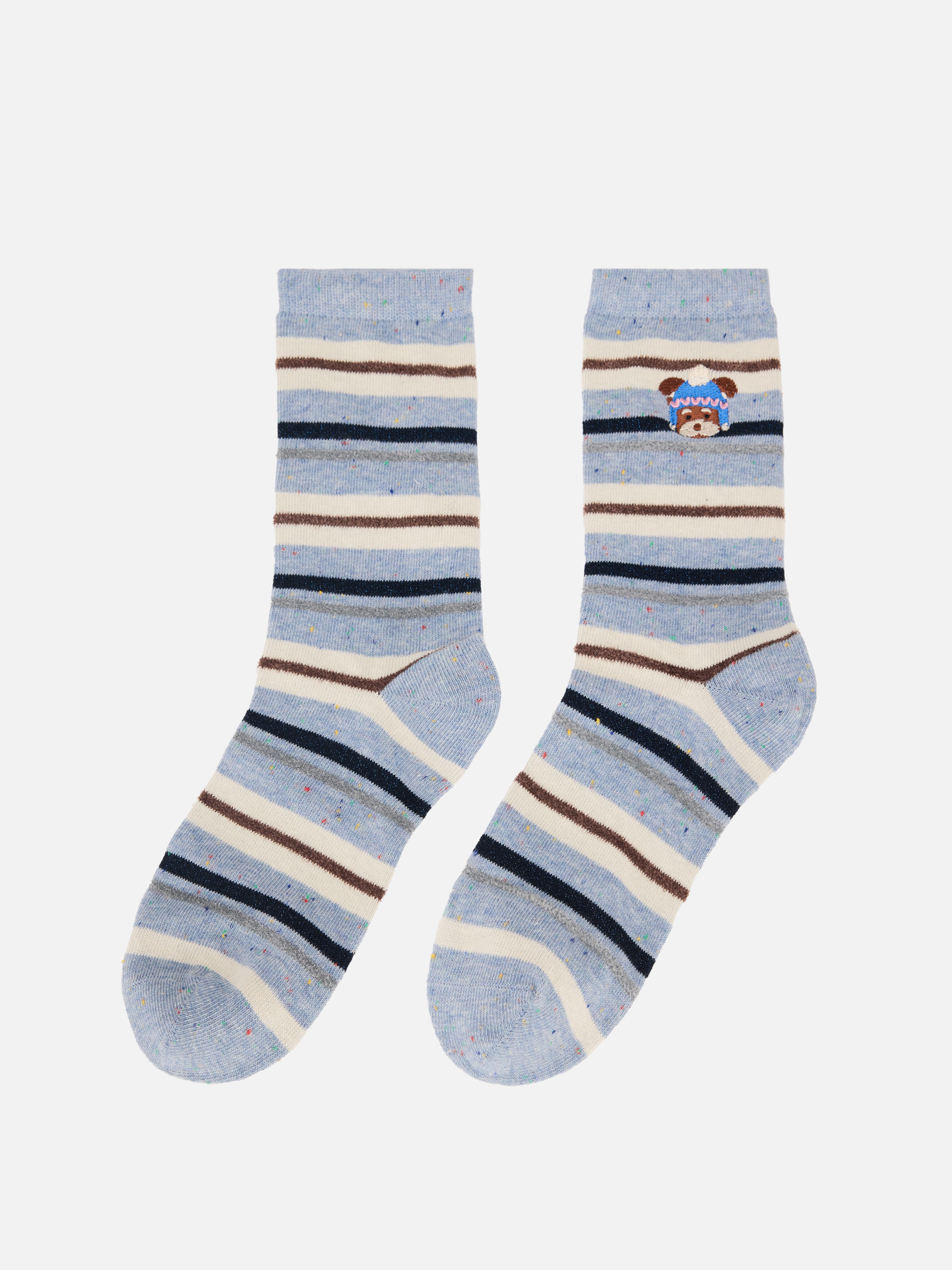 EP YAYING Days of the Week Puppy Embroidered Striped Mid-Calf Candy Socks