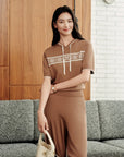 YAYING Embossed Relaxed Hooded Drawstring Short Sleeve Knit Top