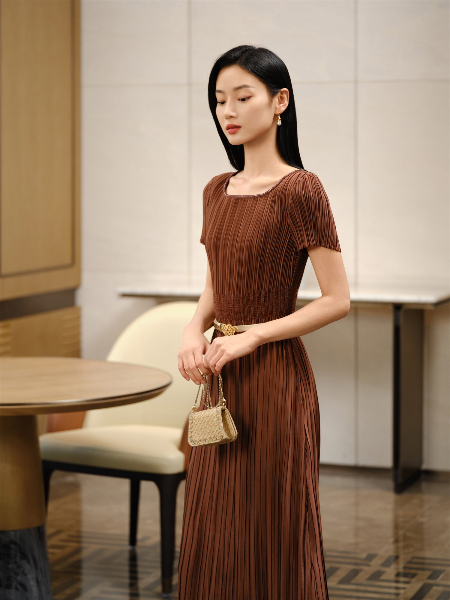 YAYING Pleated Waist-Cinched Dress