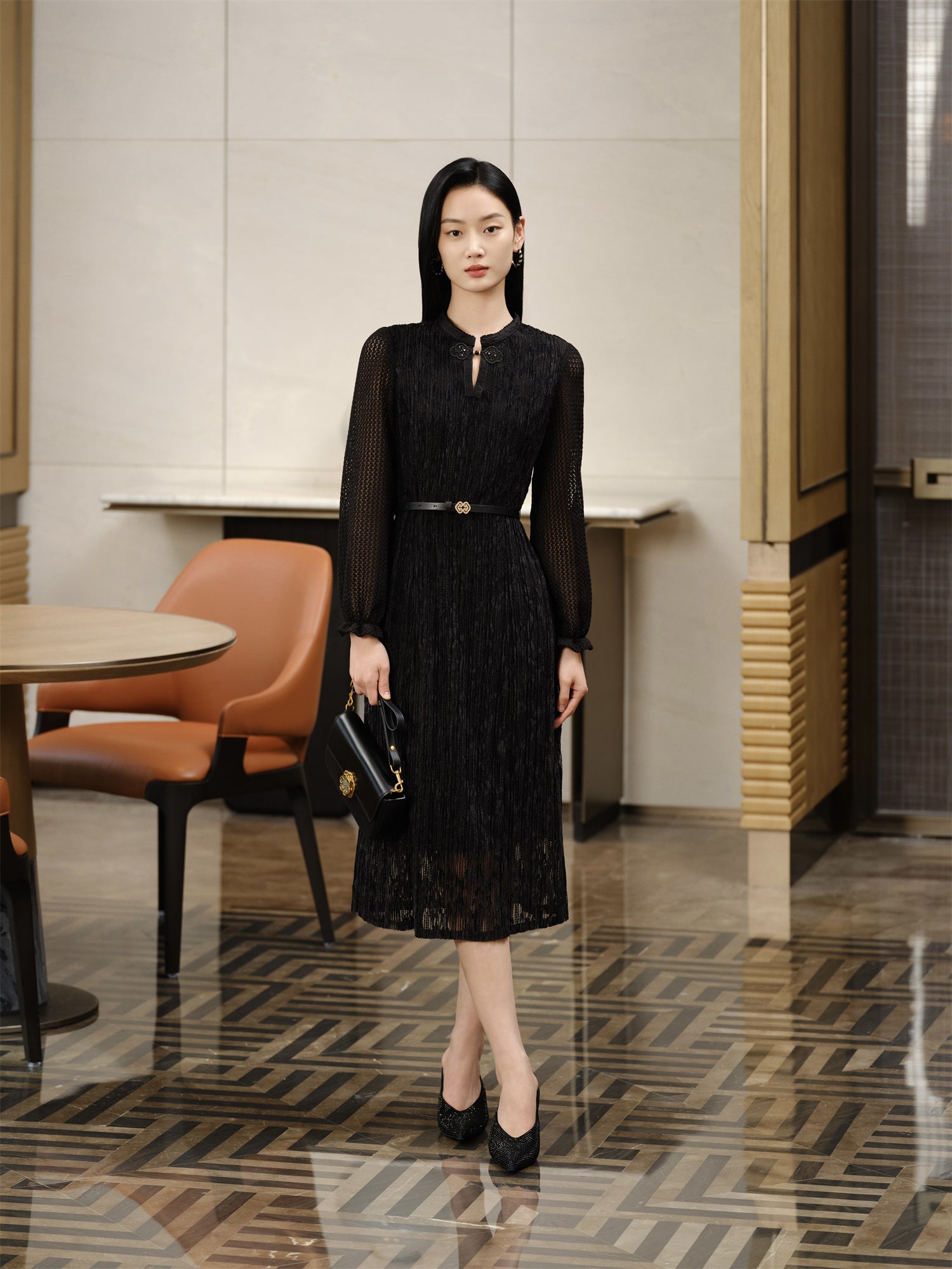 YAYING Chinese Style Pleated Little Black Dress