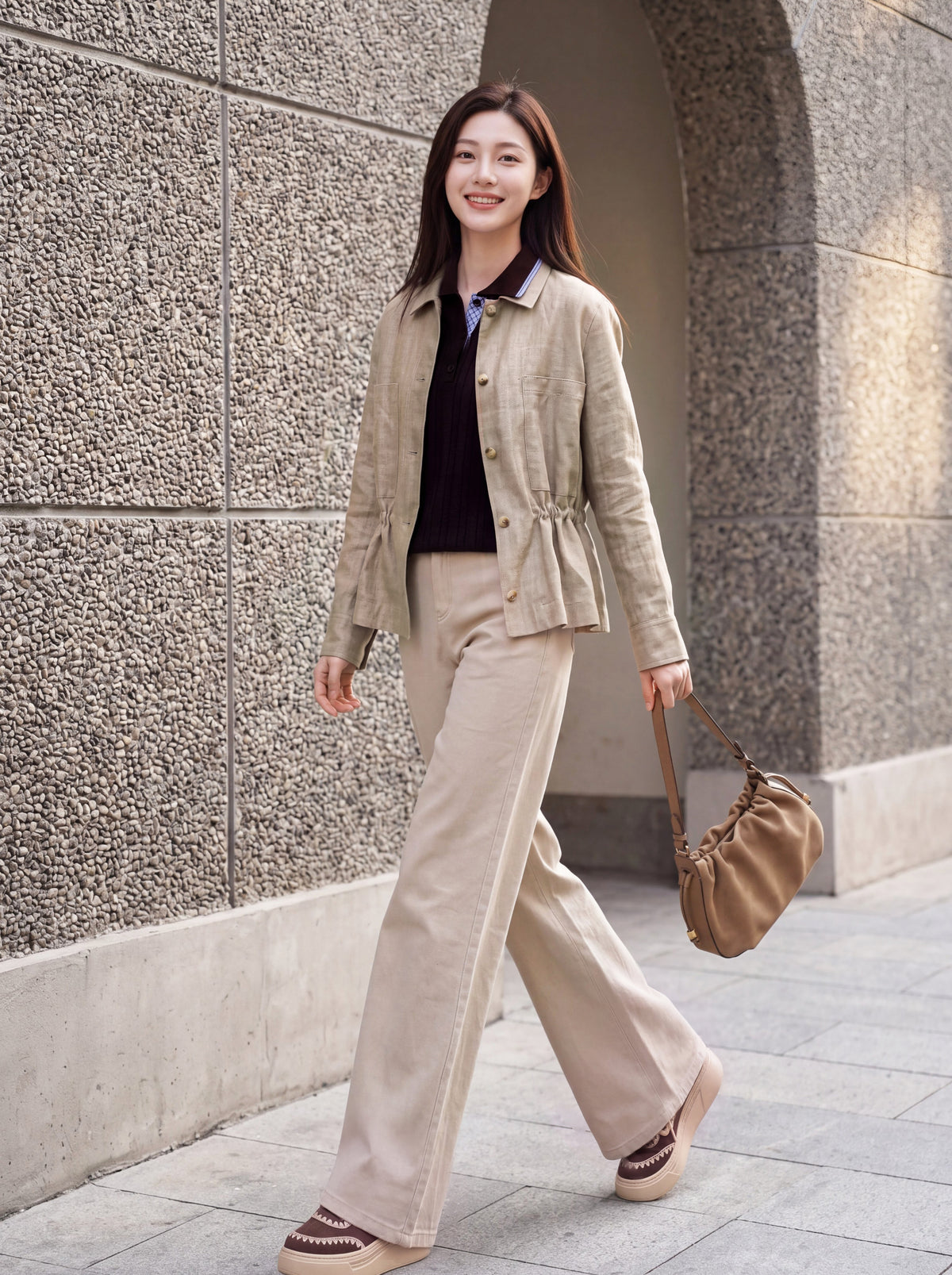 EP YAYING 100% Linen Notched-Lapel Waist-Defined Jacket