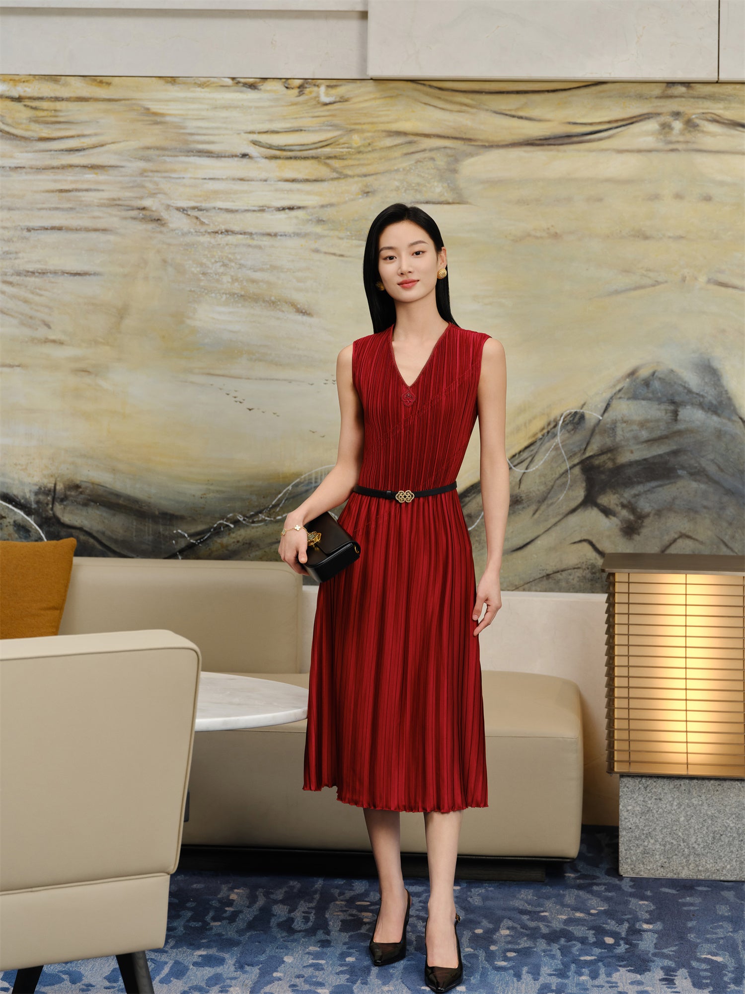 YAYING Pleated Waist-Cinched Dress
