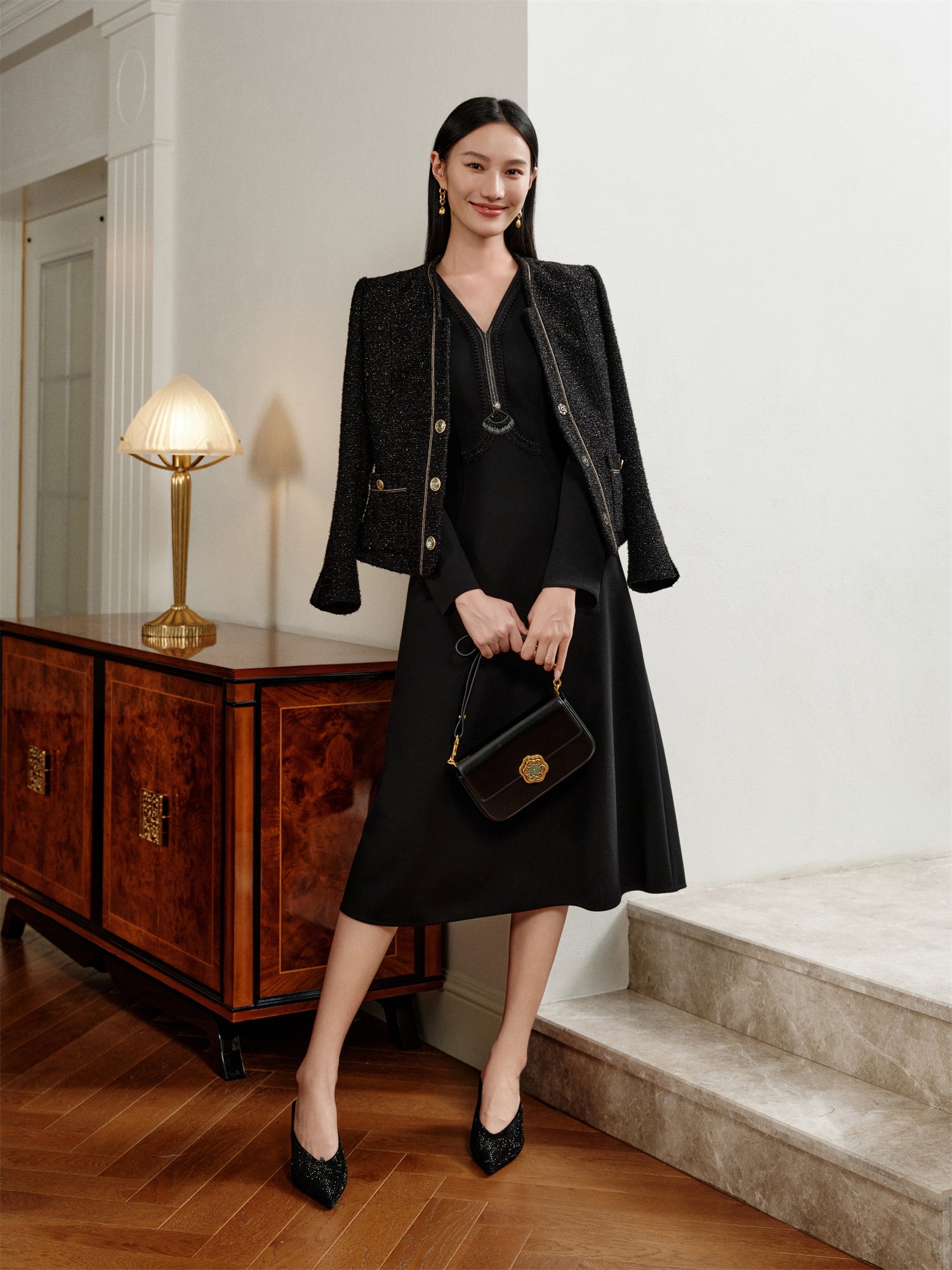 YAYING Golden Wool Slim-Fit Dress